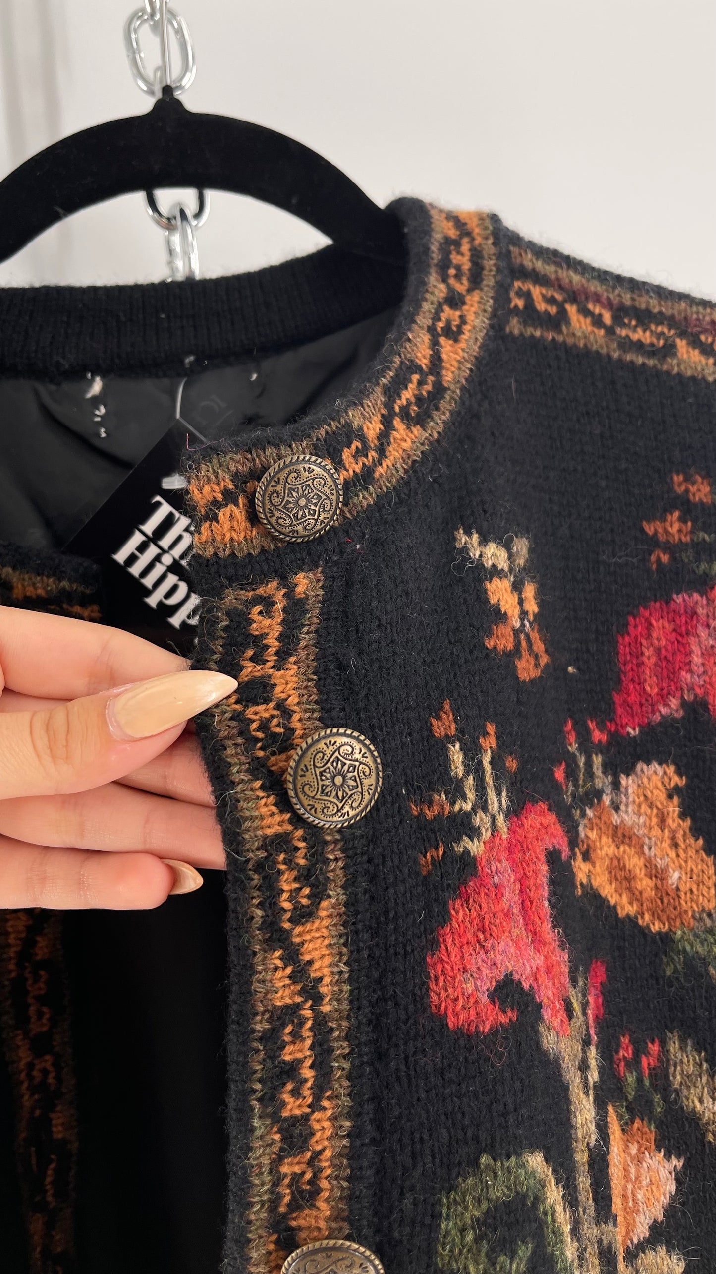 Vintage Iceland Design Wool Jacket with Brass Embossed Buttons and Folk Floral Patterning(C)(Medium)