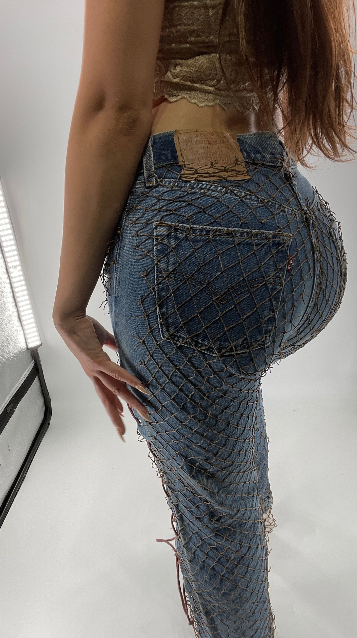 Custom - Fishnet Levi’s with Grommets and Lace Up Sides (Waist 29 Length 30) Fits Like a 26*
