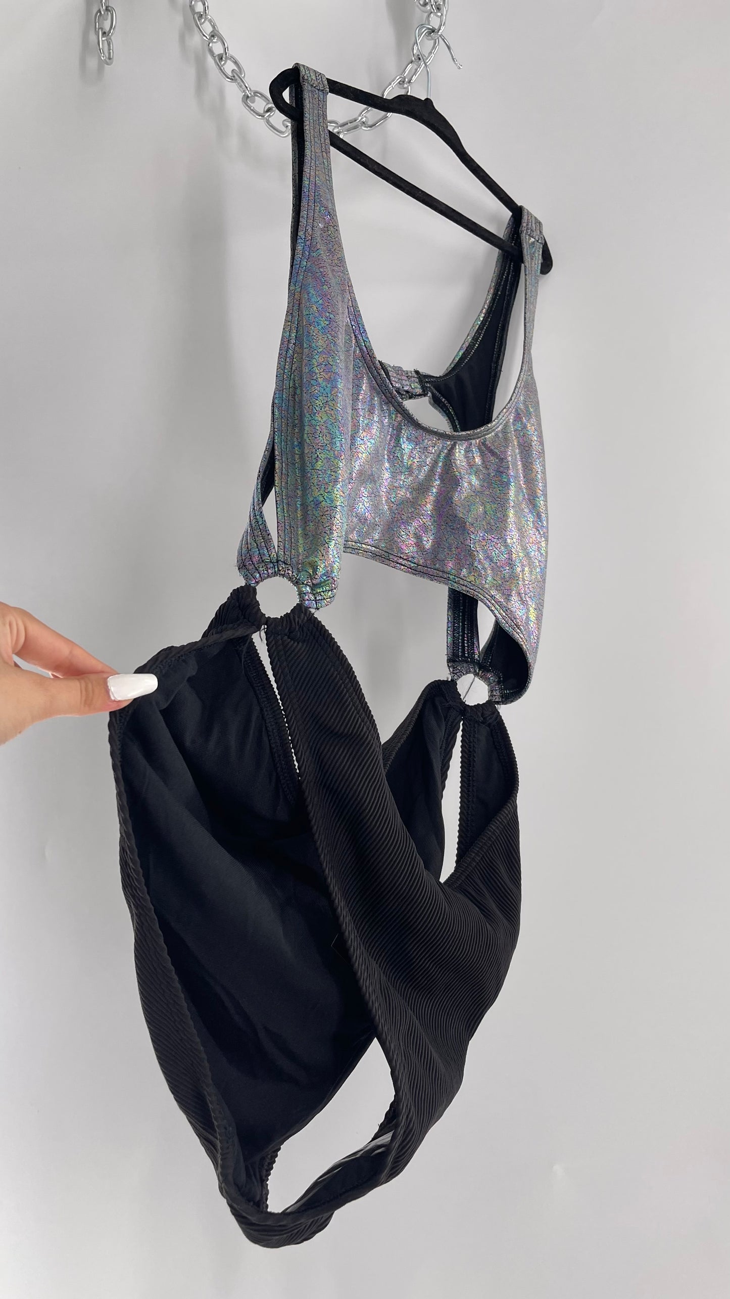 Urban Outfitters Out From Under Bathing Suit Metallic Gas Spill Top and Ribbed Black Bottom Connected by Rings (Large)