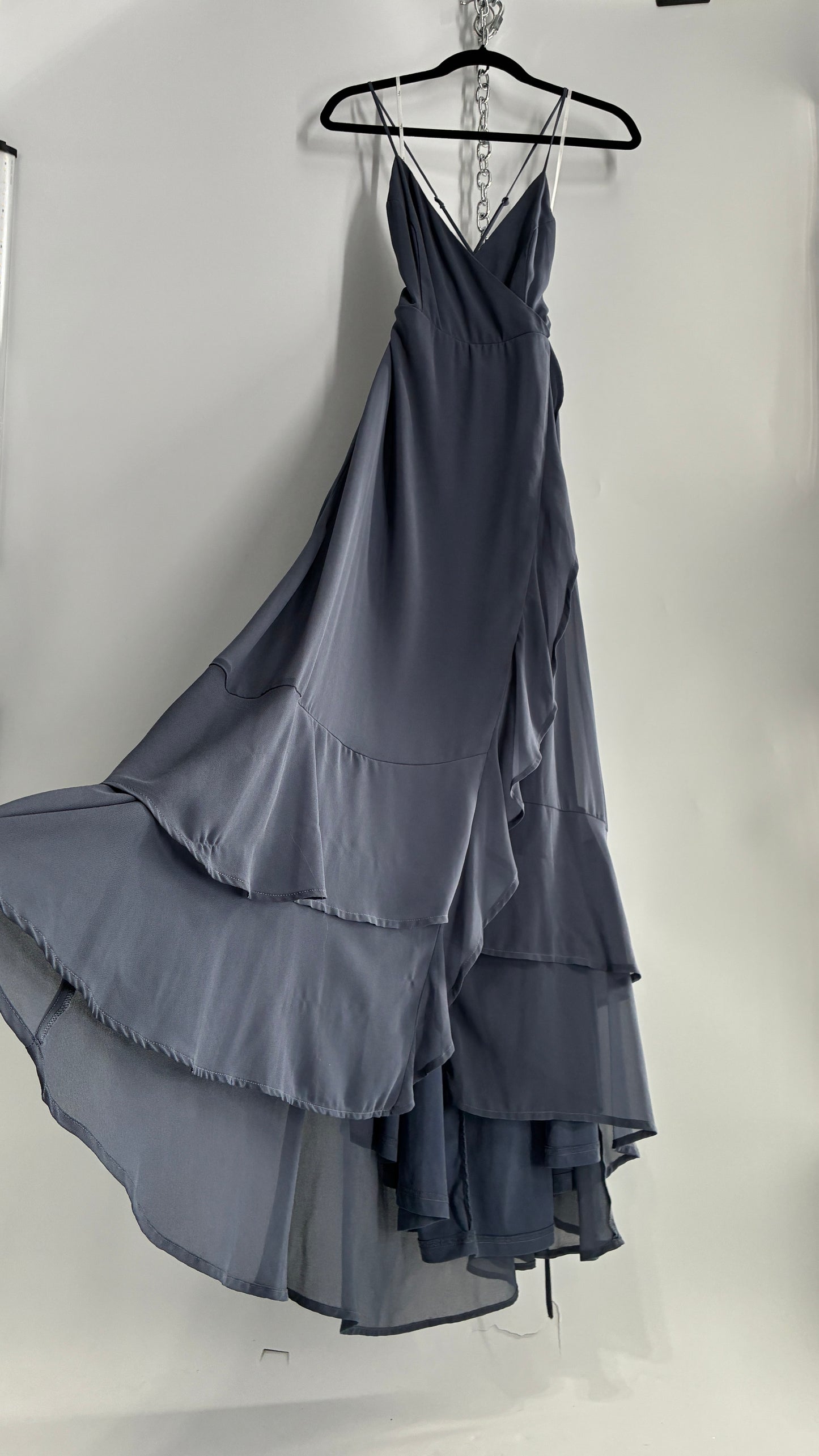 Lulus Greyish Blue Full Length Dress with Tie Up Back and Ruffled Hem (S)