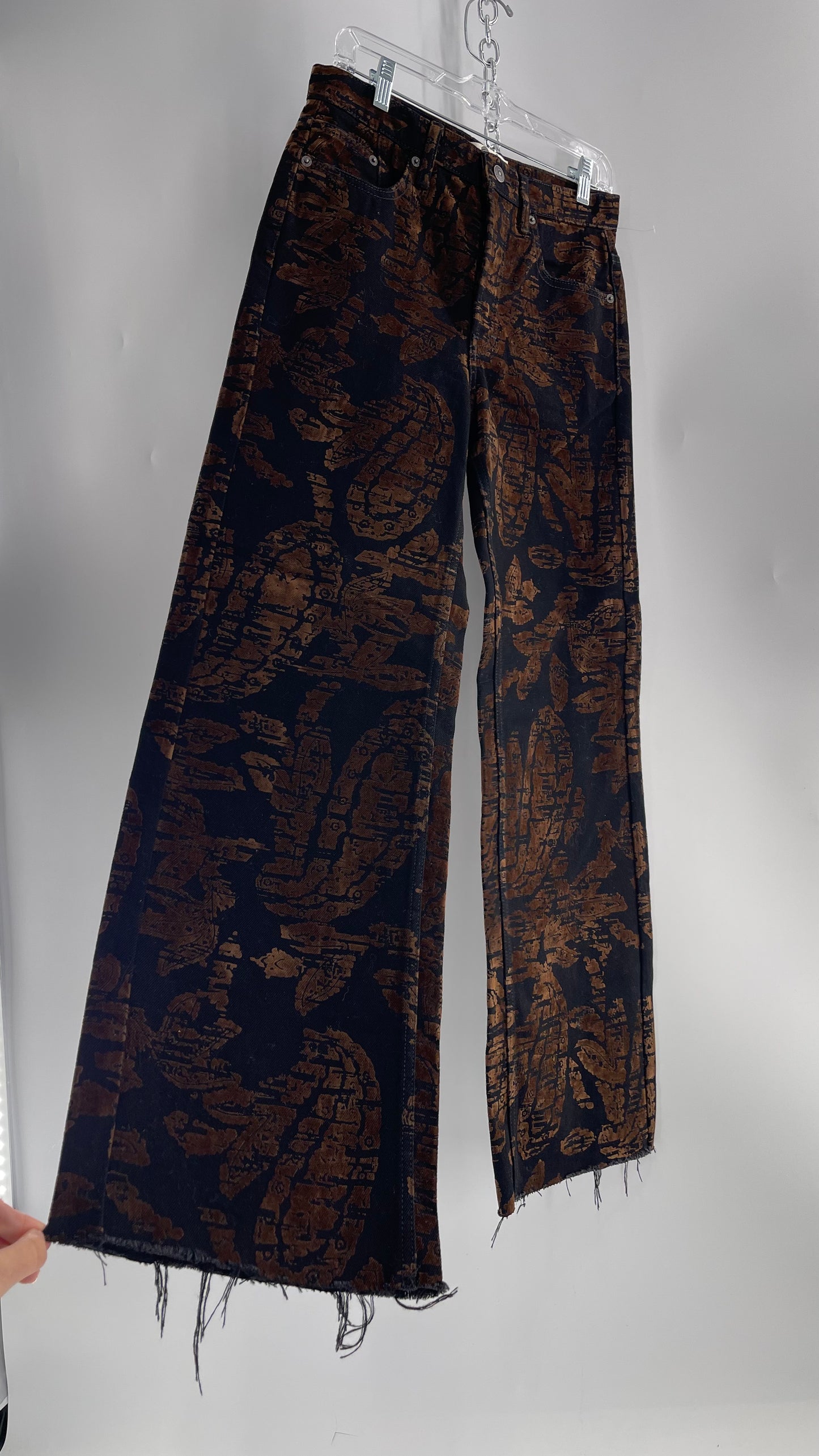 Free People Black/Brown Velvet Texture Graphic Straight Legs with Raw Edge Hem and Tags Attached (28)