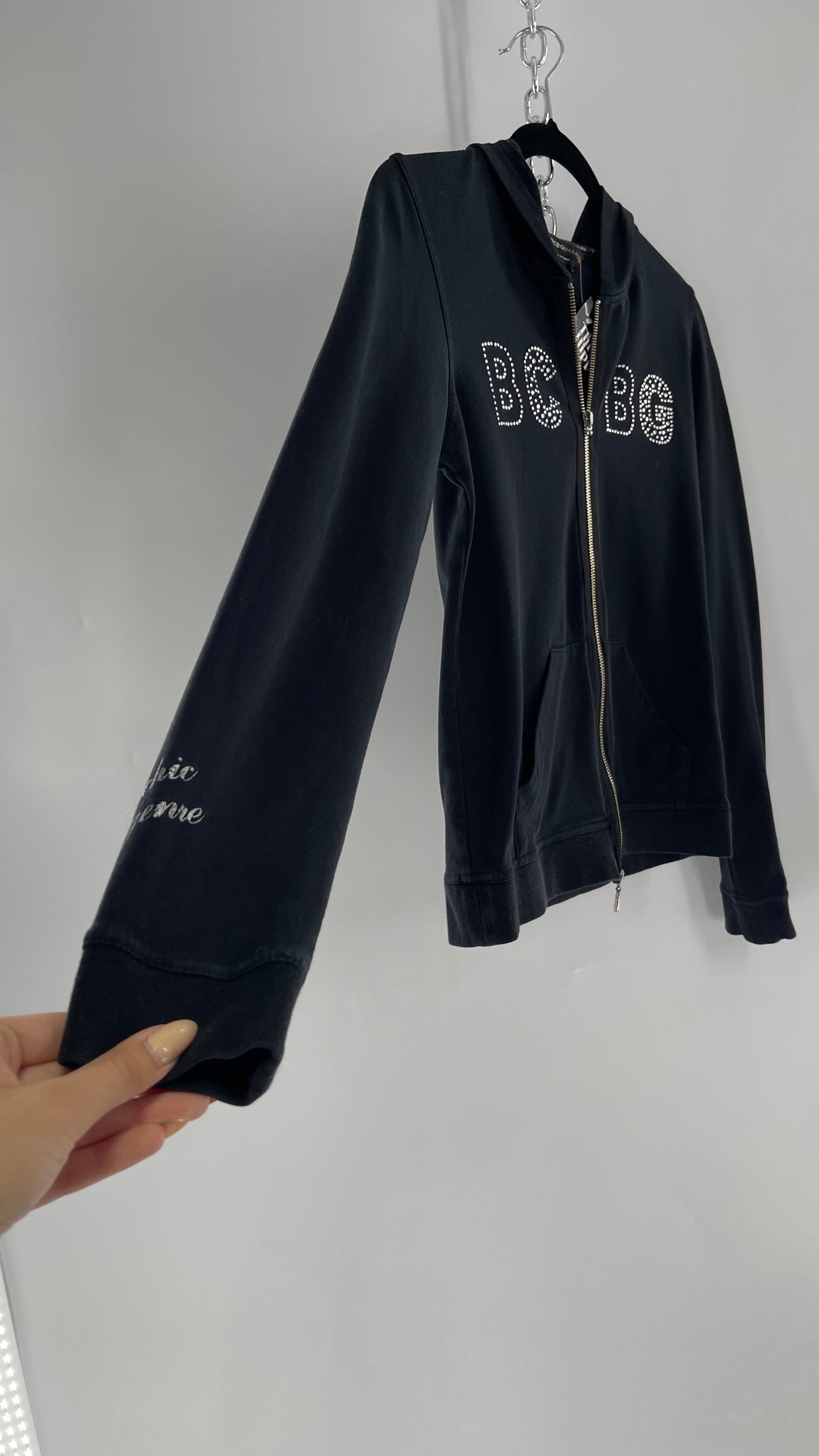 Vintage BCBG Rhinestone Logo Hoodie with Zip Up Studded Hood (Medium)