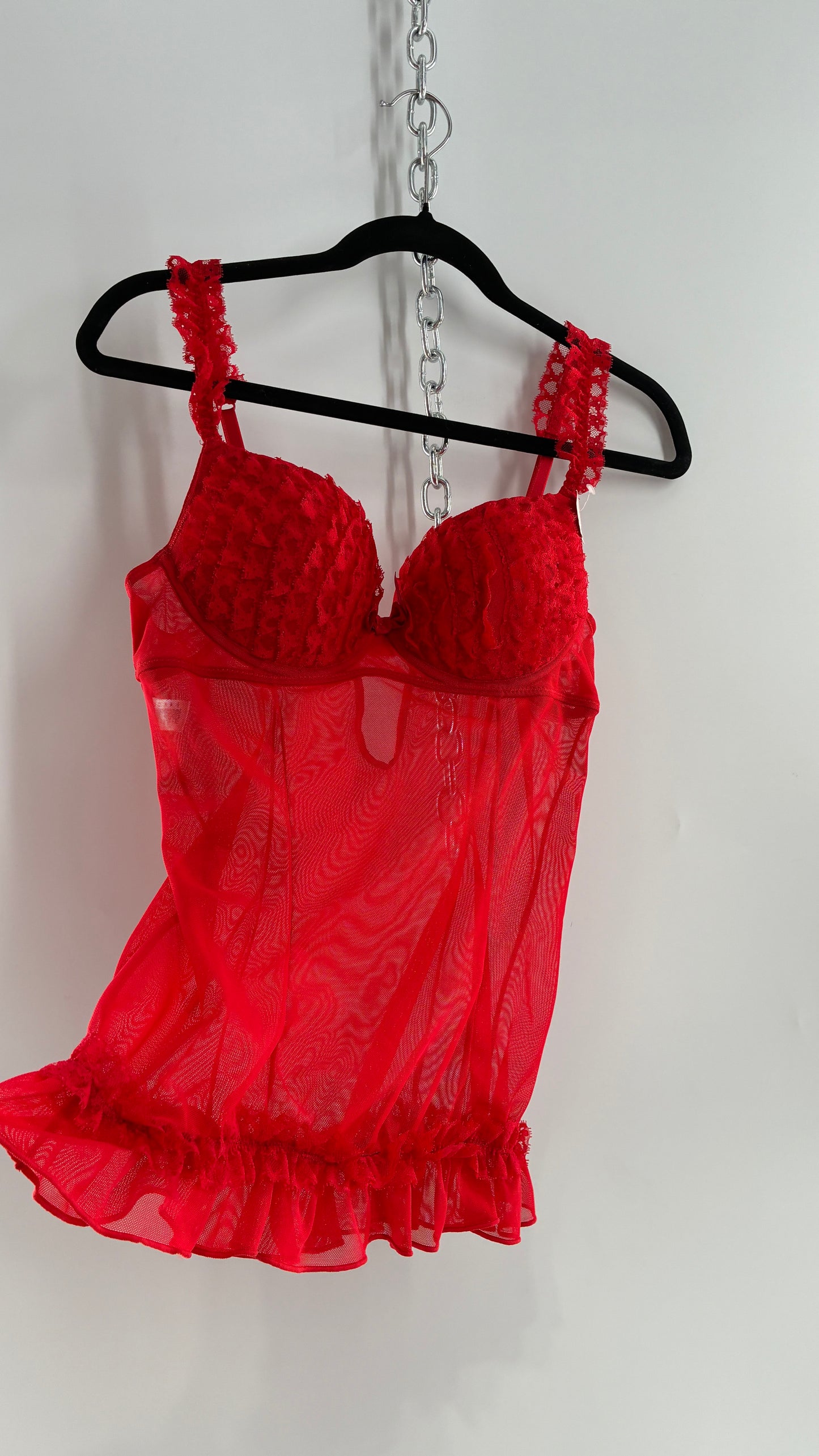 Deadstock Vintage Babydoll Bustier with Ruffled Cups, Lace Straps and Ruffled Lace Hem (34C)