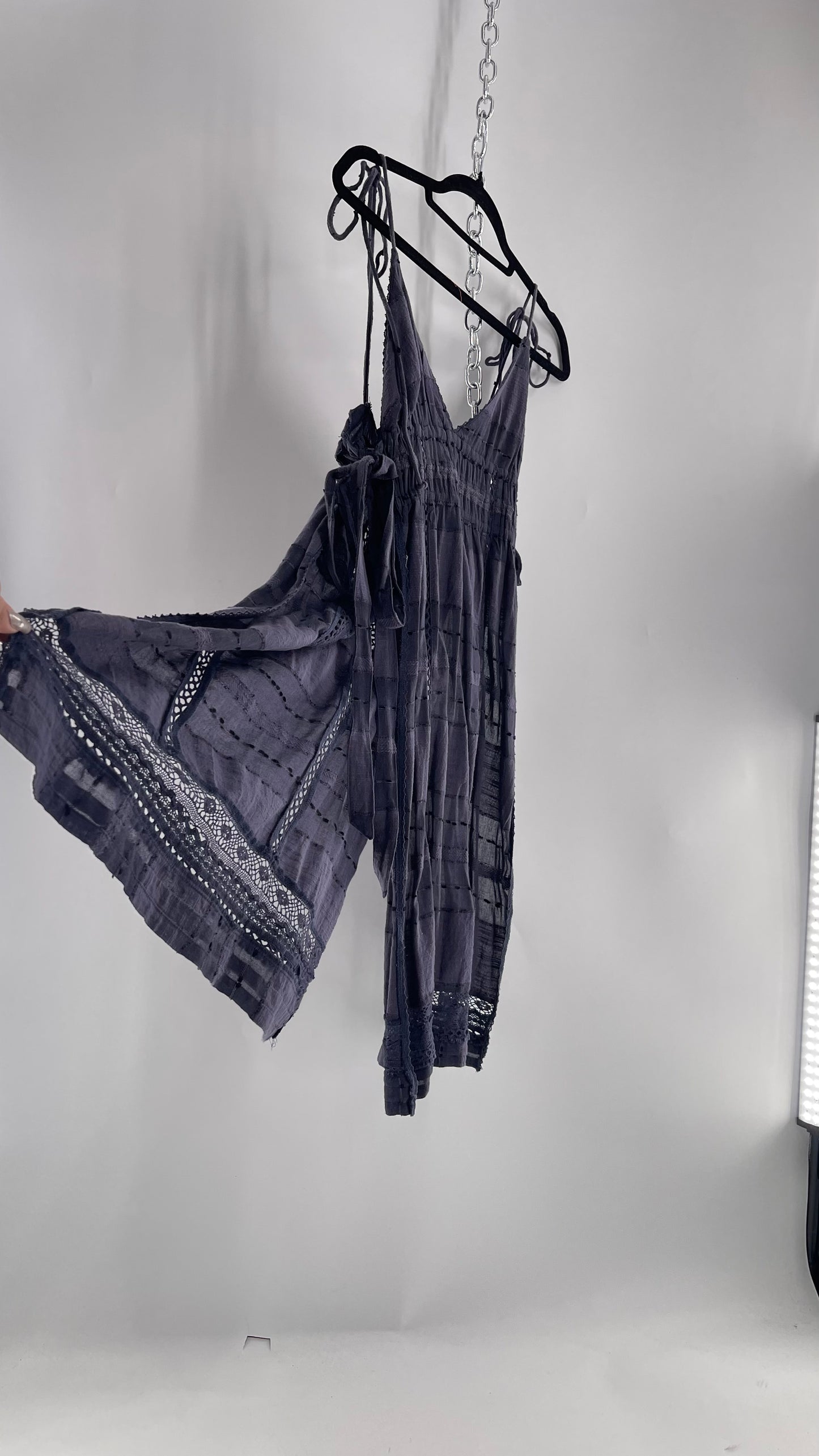 Free People Navy Blue Cotton Lace and Embroidered Open Tie Side Dress (M)