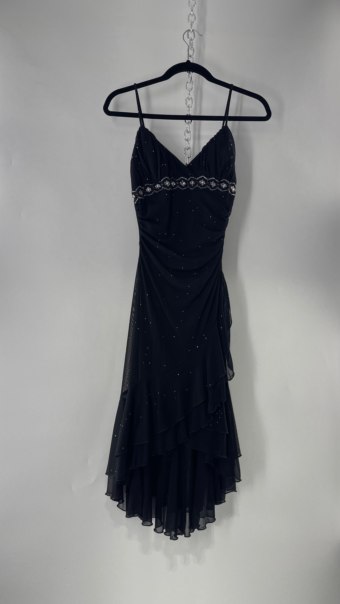 Vintage Taboo Midi Dress with Iridescent Sequins with Lace Underbust Detail, High Low Silhouette and Frills (Medium)
