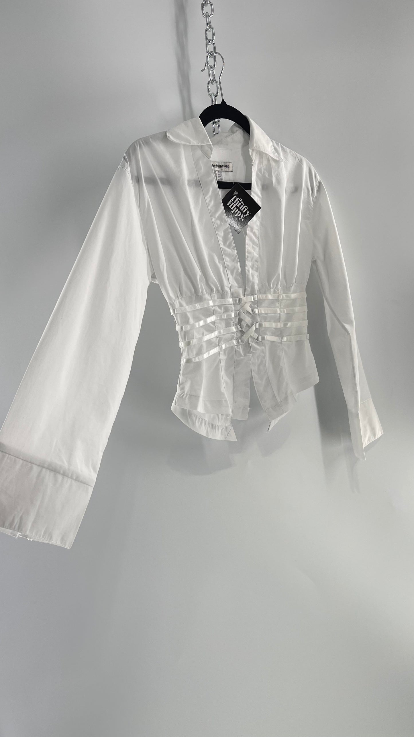 Urban Outfitters Bell Sleeve White Collared Blouse with Strappy Waistline and Open Back (Small)