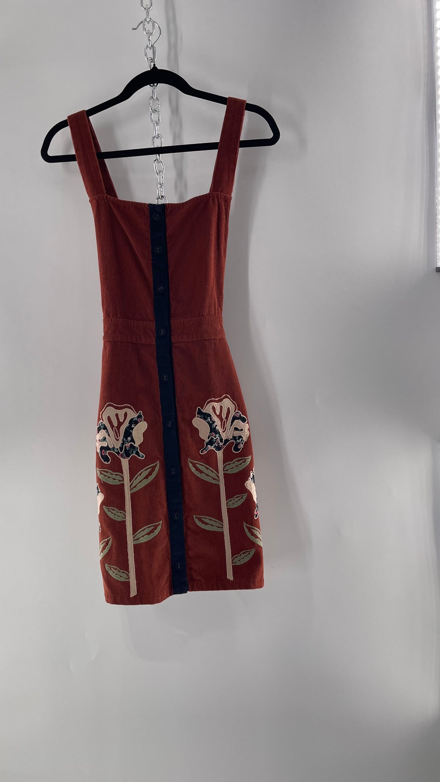 Seen. Worn. Kept. Anthropologie Terracotta Burnt Orange Corduroy Overall Dress with Embroidered Flower Details (S)