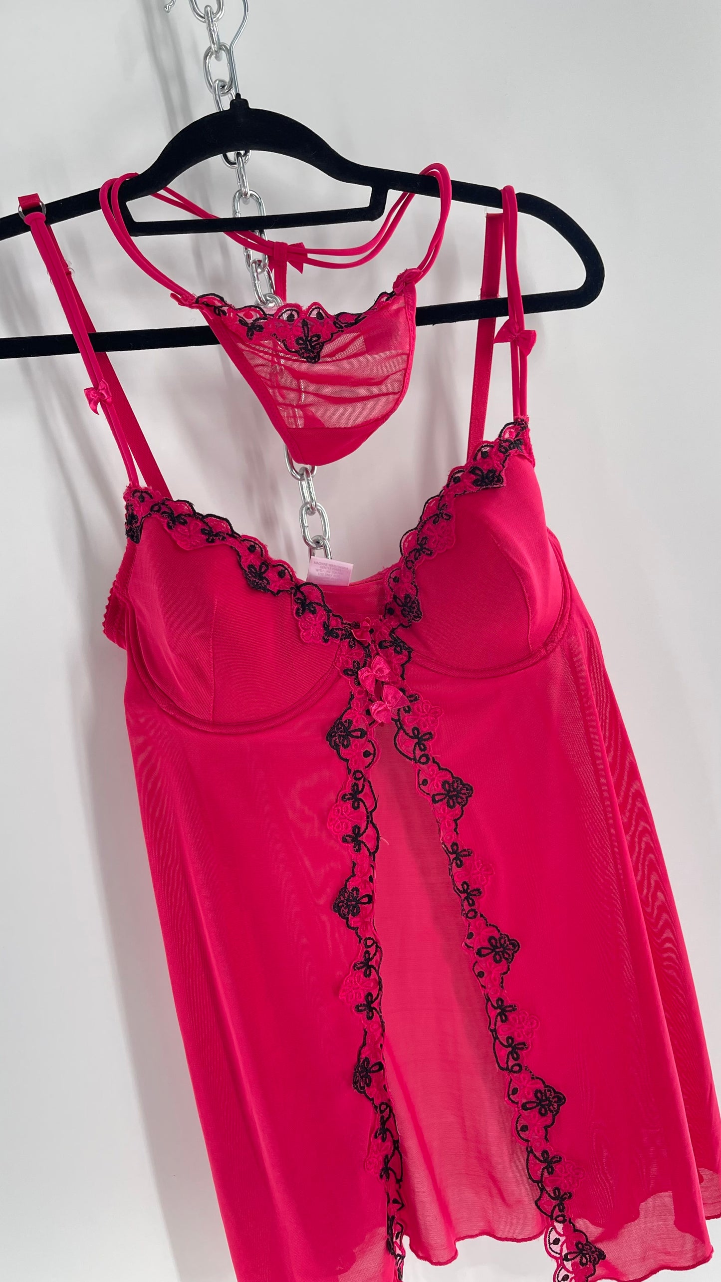 Vintage HOT Hot Pink Vented Babydoll Top and Thong Set with Black Embroidery and Bows (Medium)