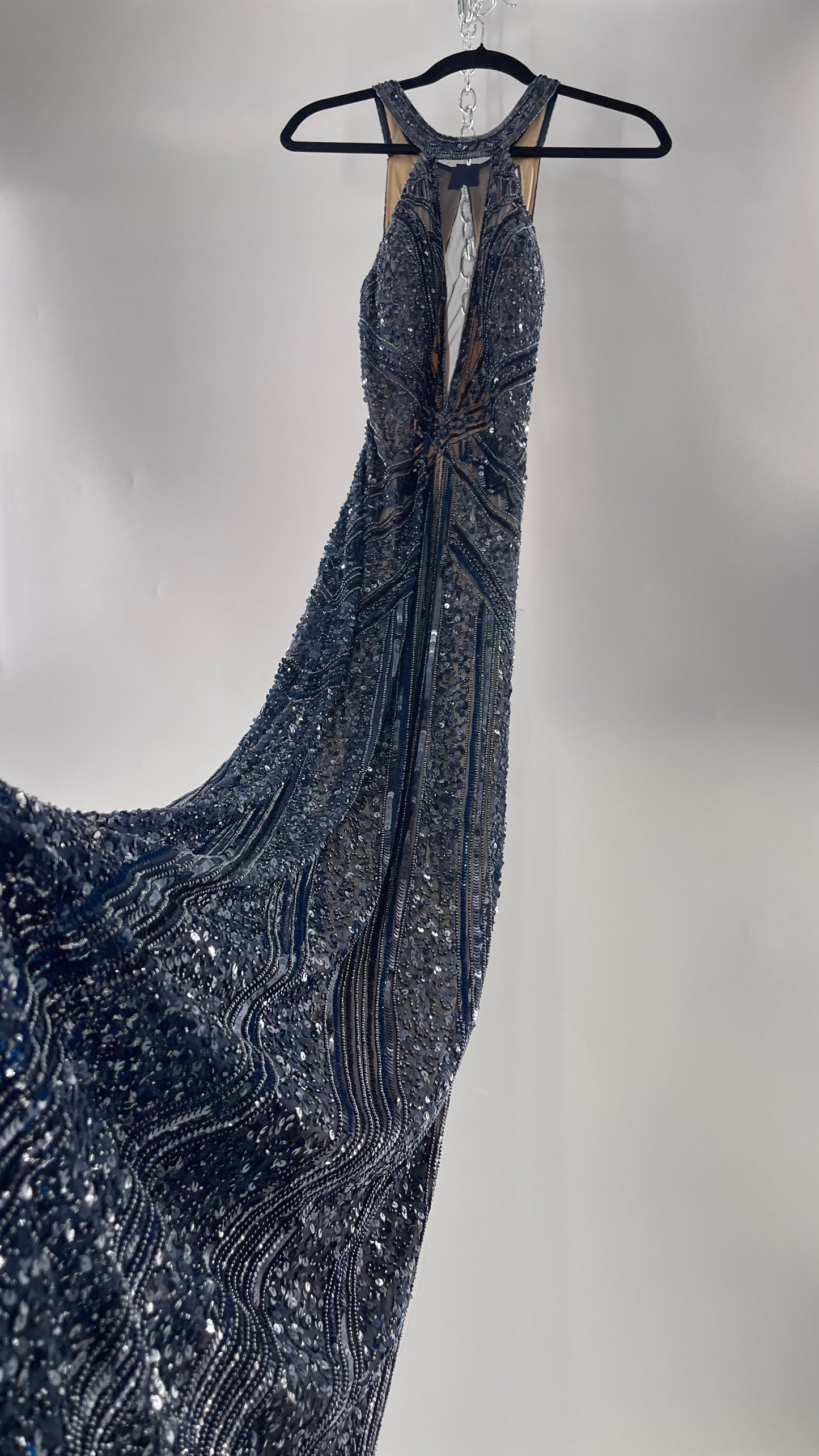Vintage SCALA Navy Blue Beaded Floor Length Gown with Plunging Neckline, Backless Detail, and Tan Underlay (C)(4)