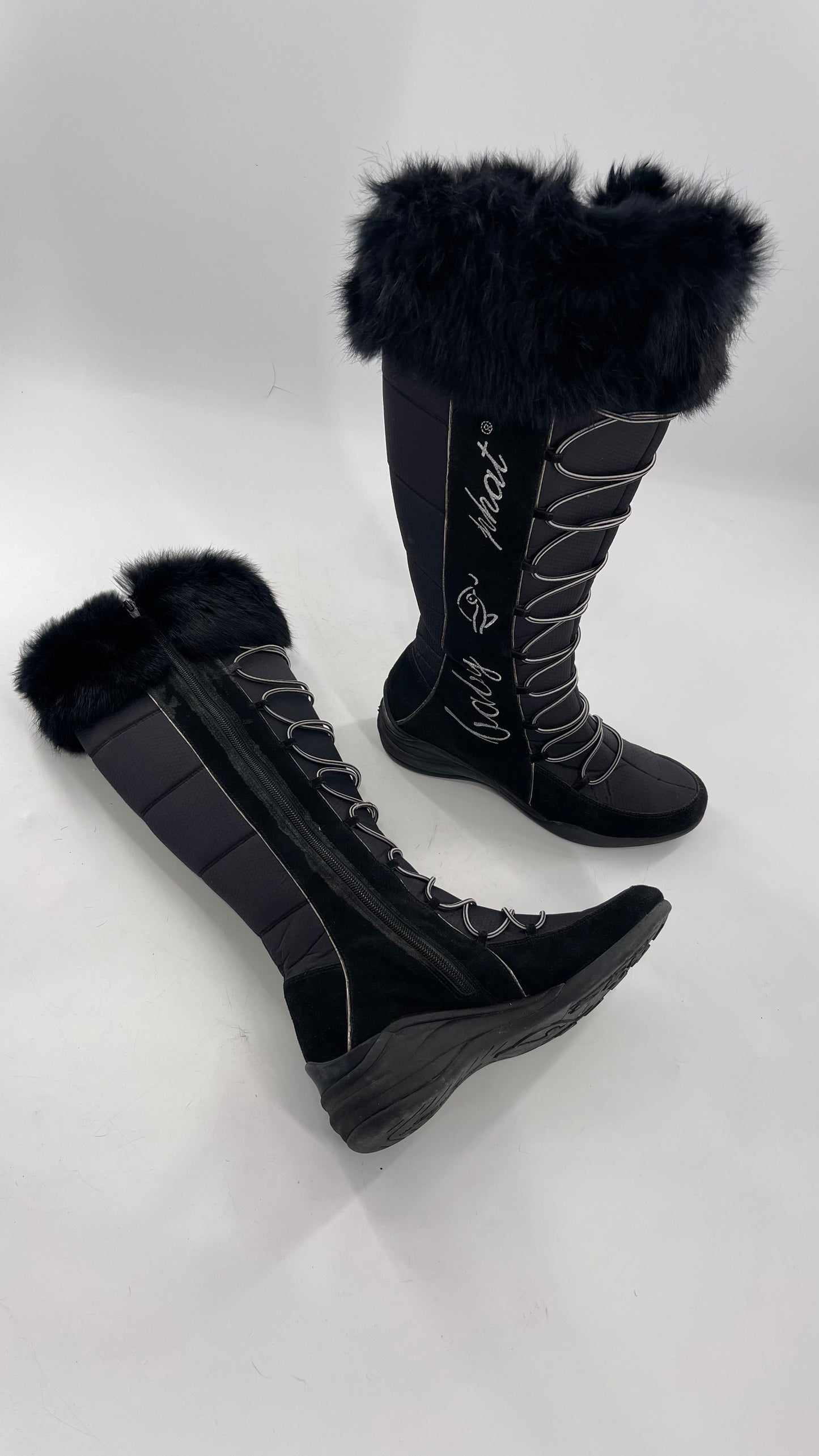 Baby Phat Black Knee High Boots with Rabbit Fur Trim, Bungee Cord Ties, and Embroidered Logo Design (8)