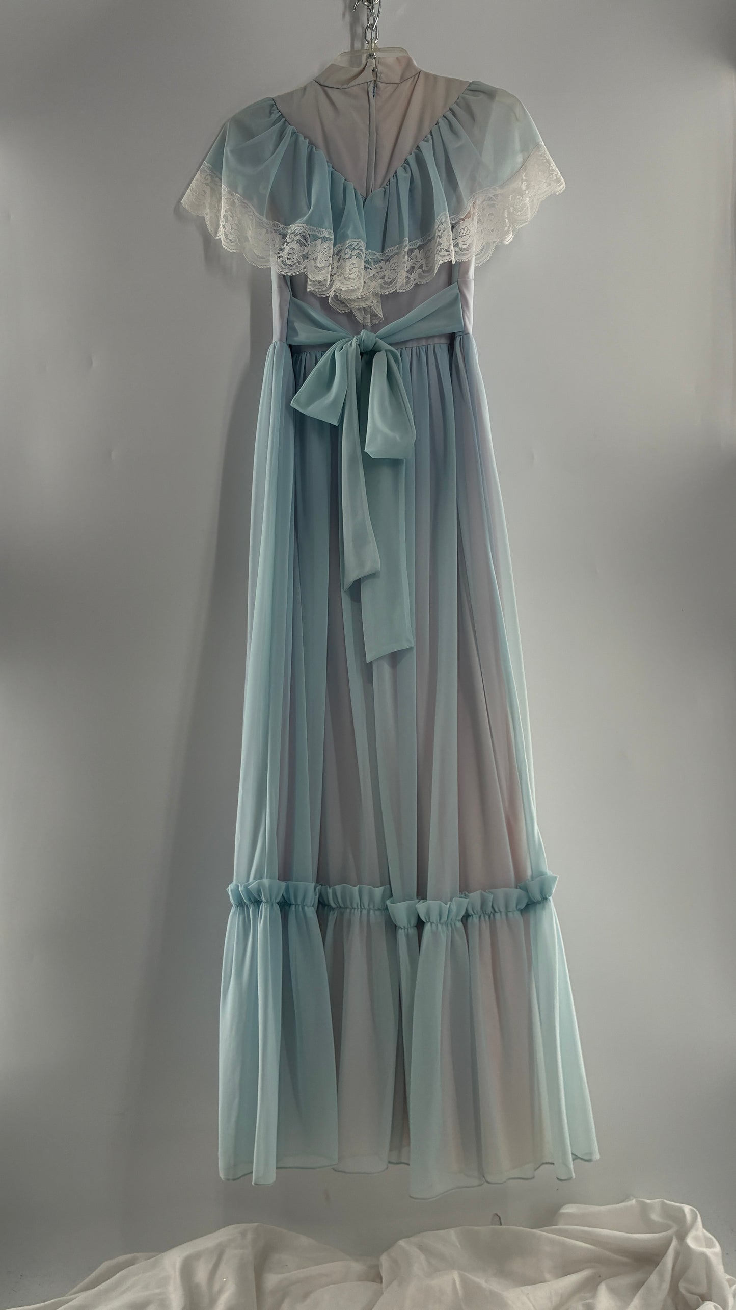 Vintage Handmade 1960s Powder Blue Overlay, Lilac Underlay Gown, Prairie Wedding Dress