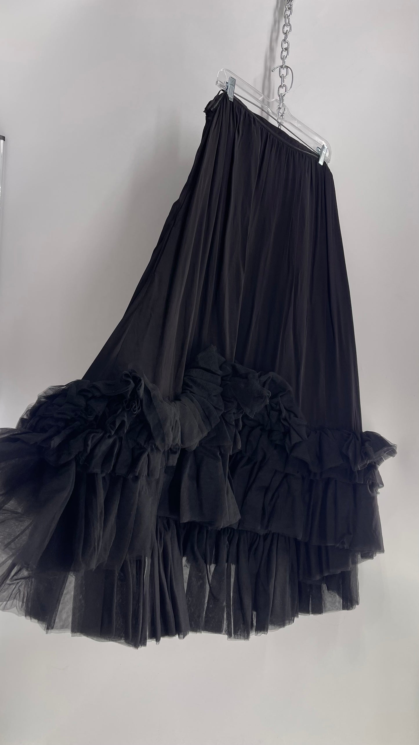 Anthropologie Black Voluminous Full Gown with Pleated Tulle Hemline Detail (M/L)