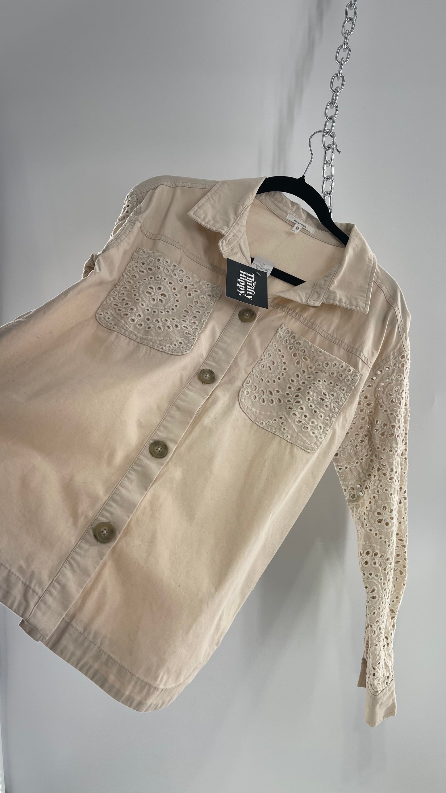 Maurices Anthropologie Beige Cotton Button Up with Eyelet Lace Sleeves and Pockets with Tags Attached (XS)