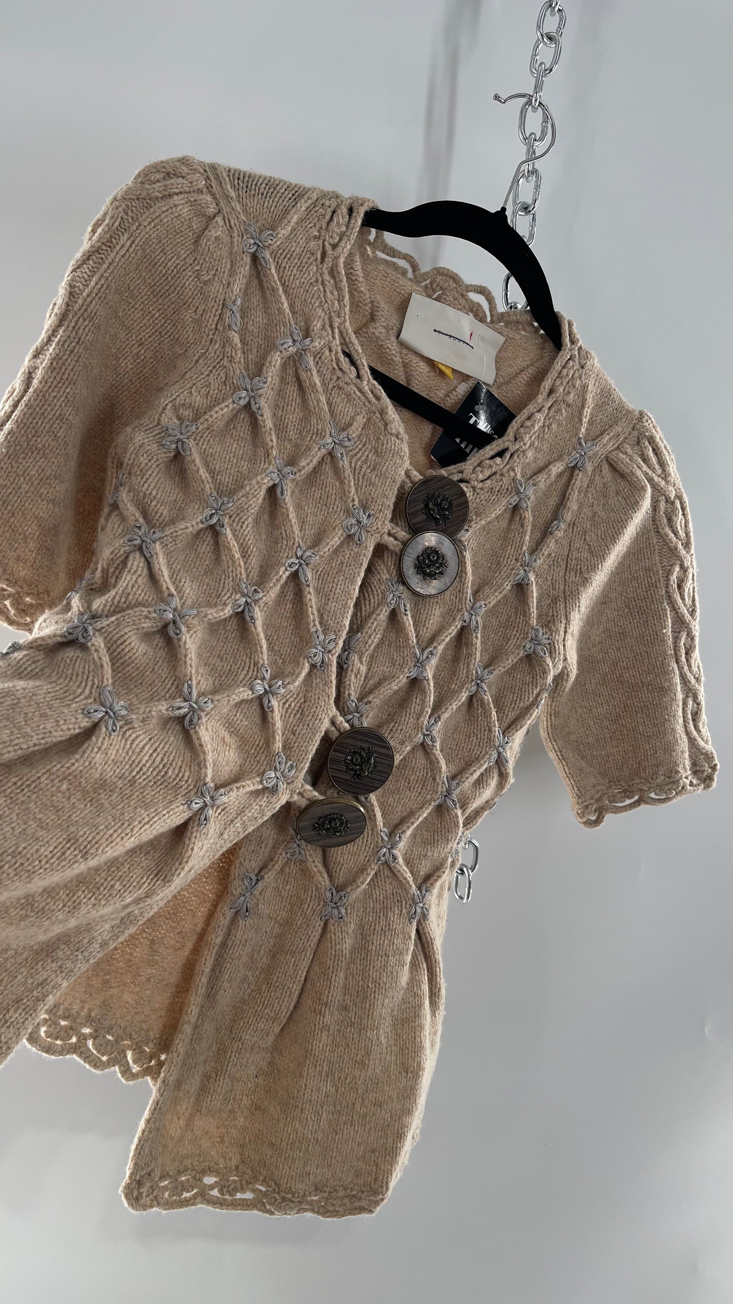 Anthropologie Leifsdottir Knit Argyle Embroidered Sweater with Oversized Statement Buttons (XS)