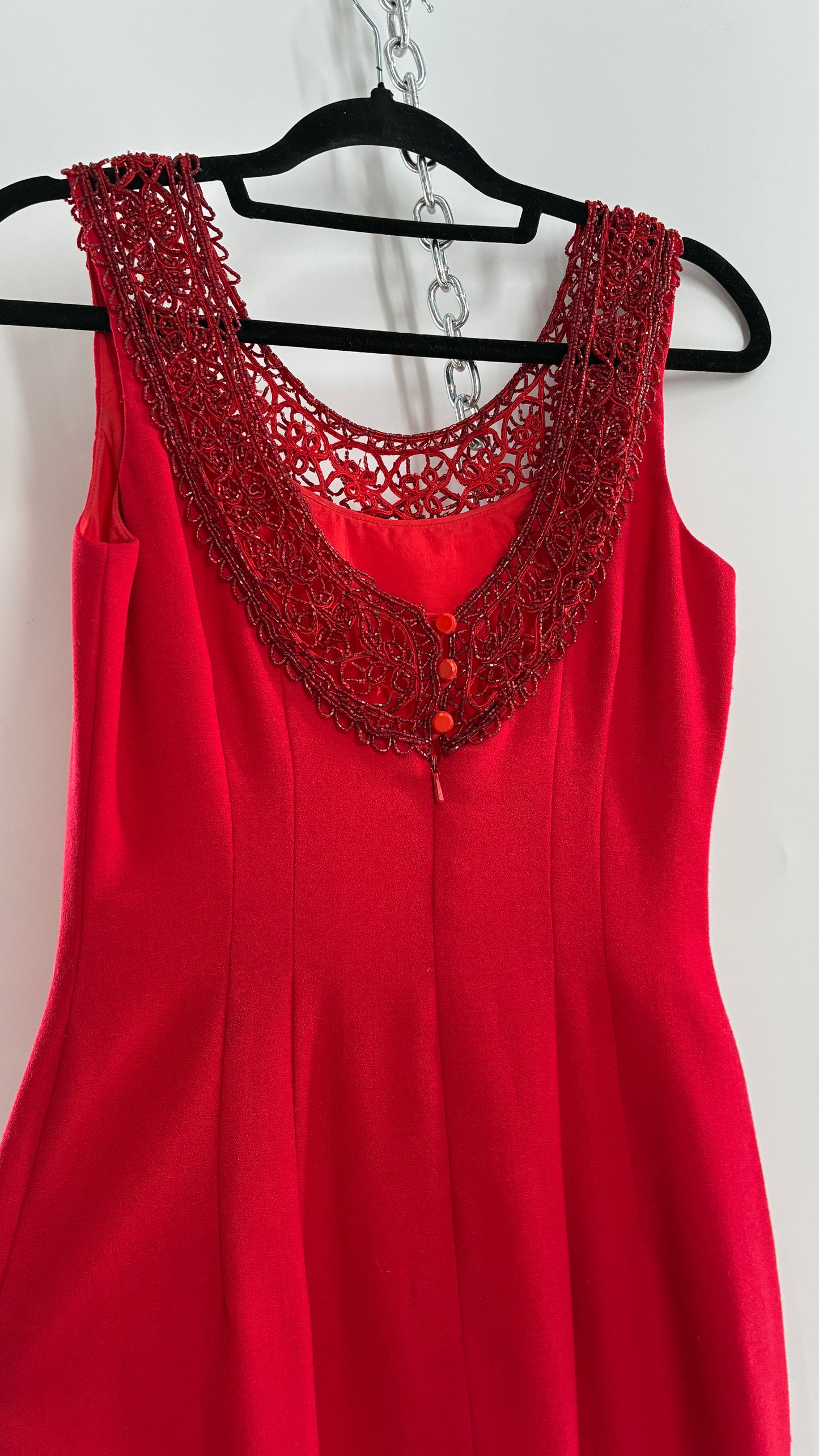 Vintage CARMEN MARC VALVO Red 100% Fitted, Tailored Wool Dress with Beaded Hem and Neckline (6)