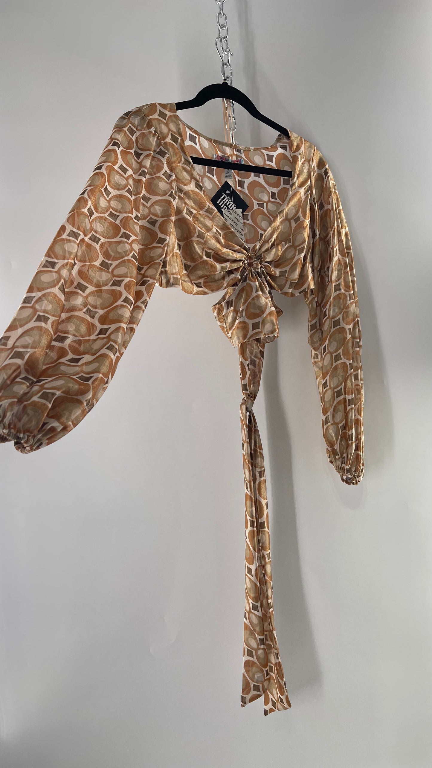 Urban Outfitters Shimmer Top Balloon Sleeve Gold Retro Print Cut Out Tie Around Blouse (Medium)