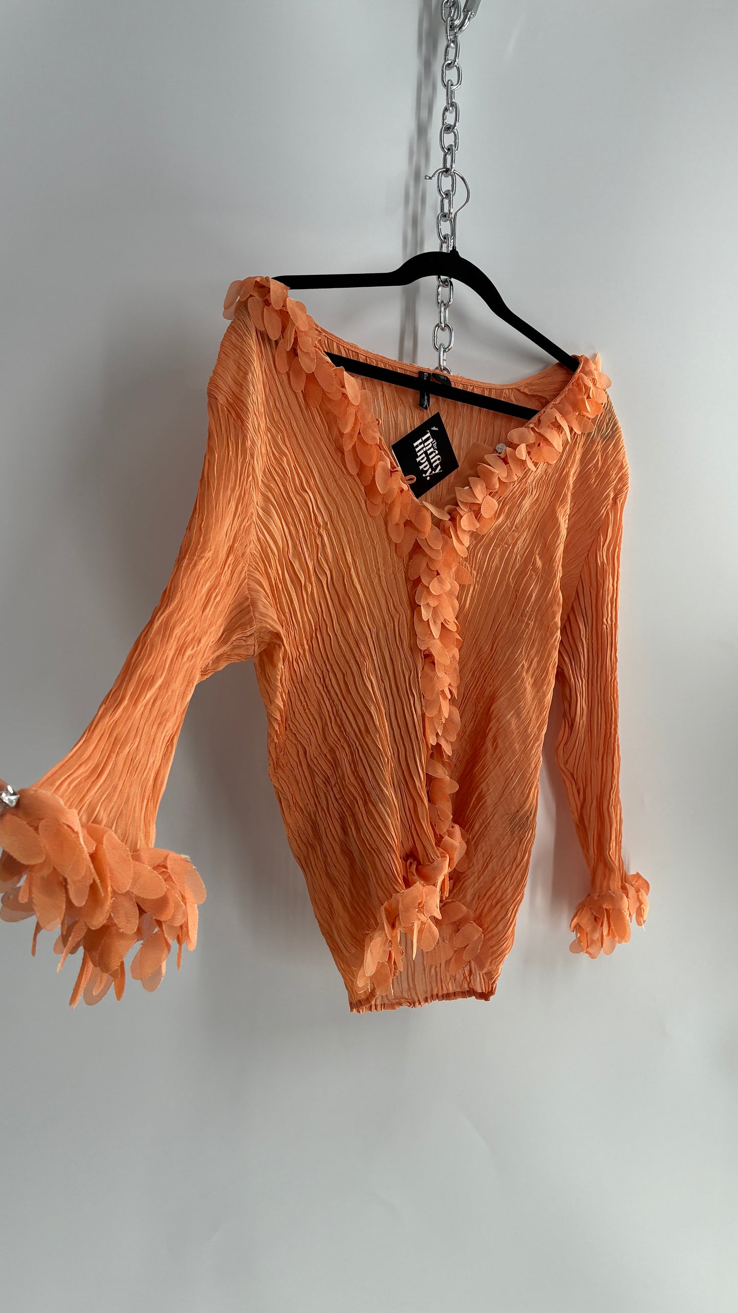 Vintage Essentials by Milano 1990s Orange Crimped Petal Trim Blouse (XL)