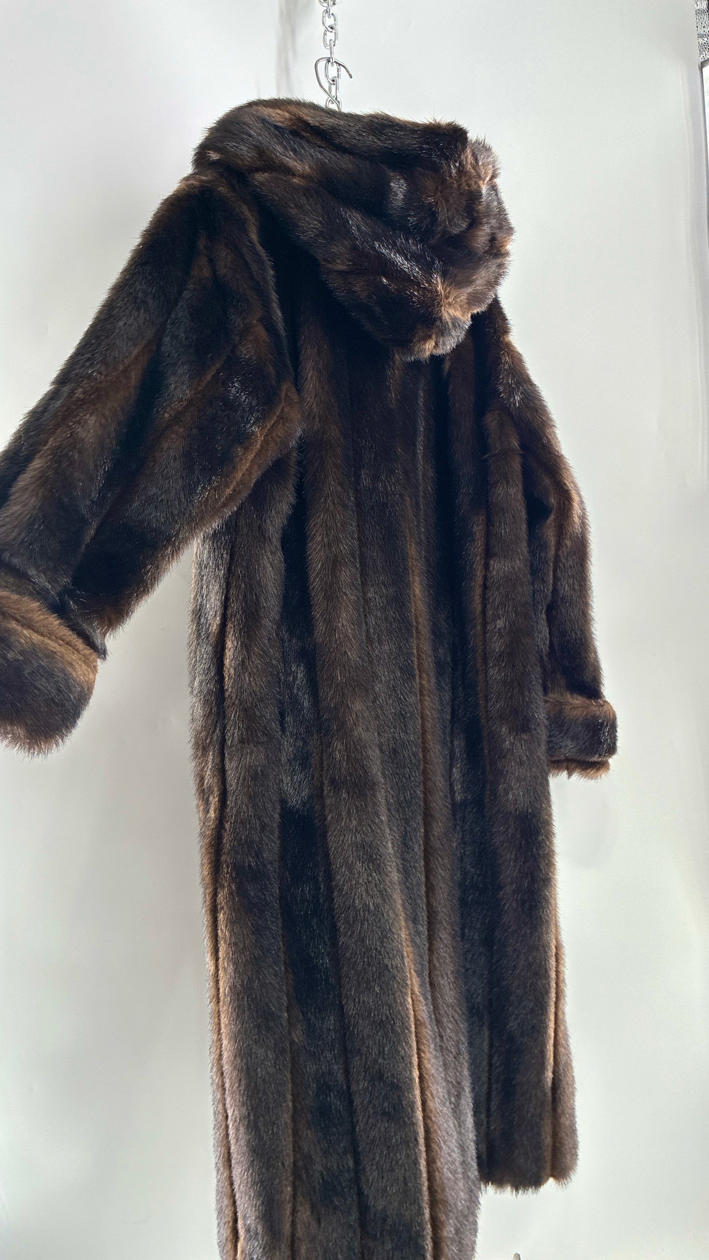 Vintage TALLY HO Hooded and Paneled, Vegan Fur Full Length Coat (Medium)