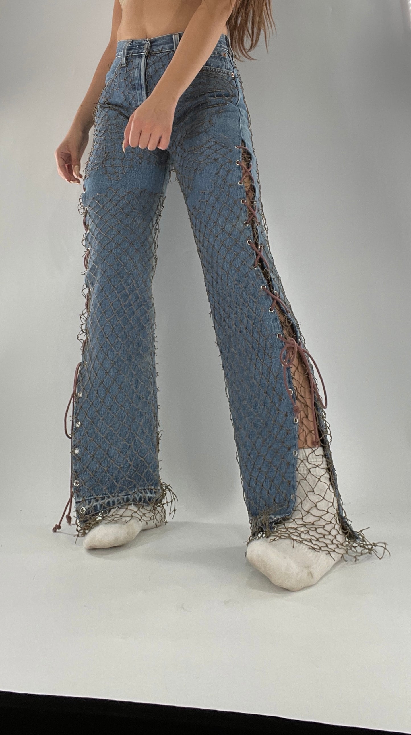 Custom - Fishnet Levi’s with Grommets and Lace Up Sides (Waist 29 Length 30) Fits Like a 26*