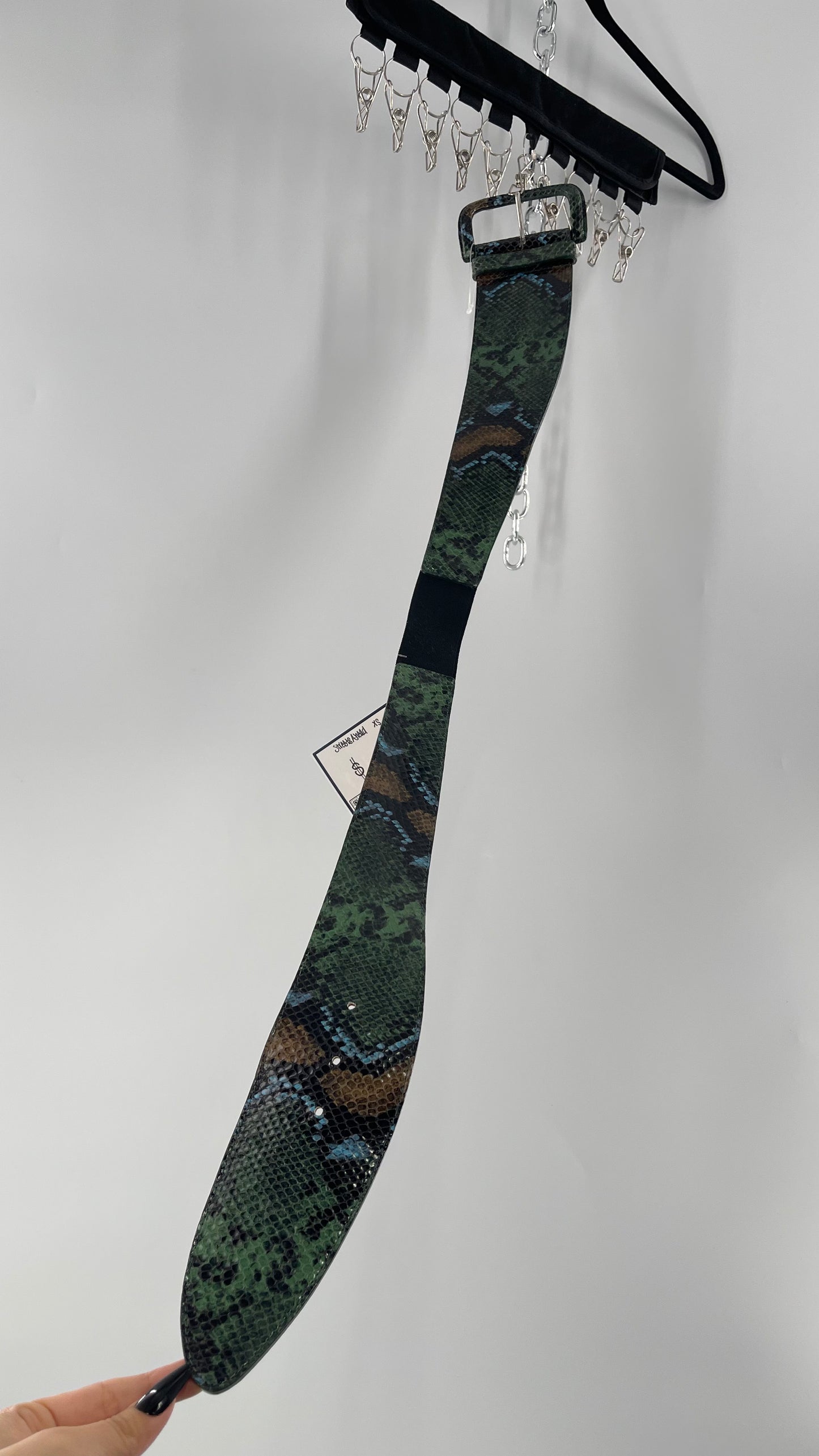 Streets Ahead Green/Blue/Tan Snakeskin Waist Belt with Exaggerated Buckle (XS)