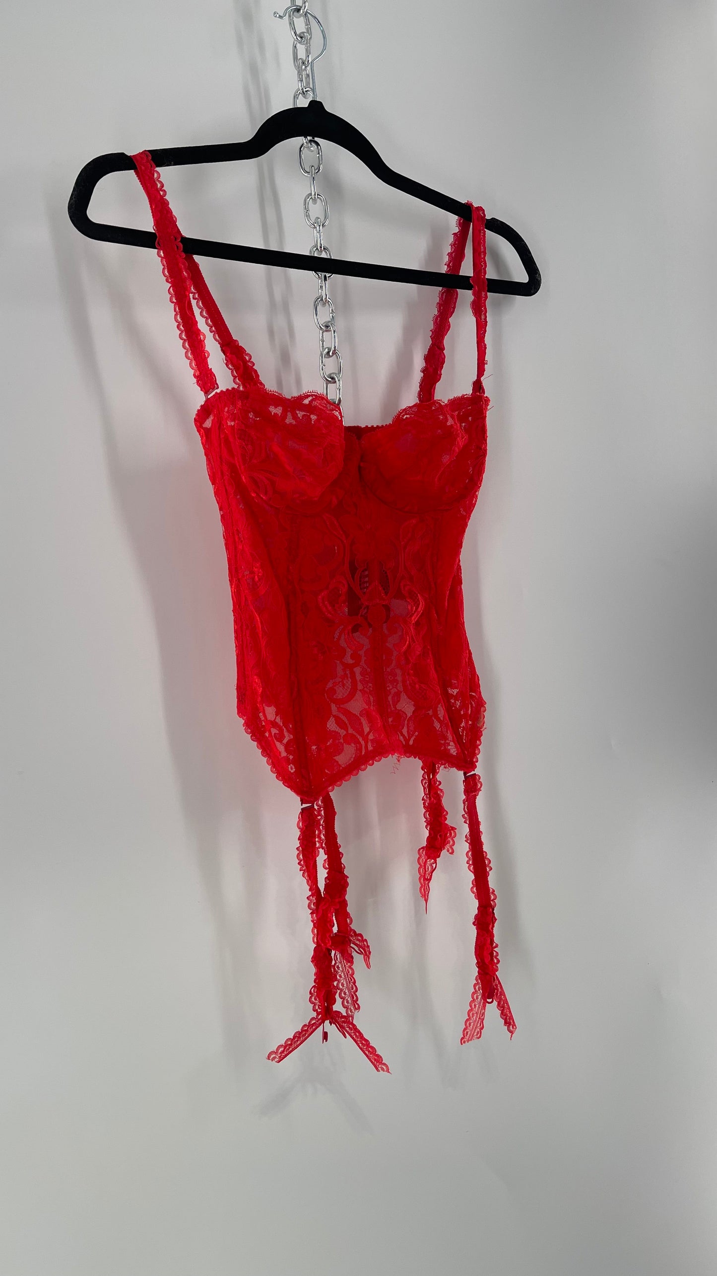 90s Vintage Red Lace Corset with Ruffled Sleeves and Removable Garter Straps (32B)