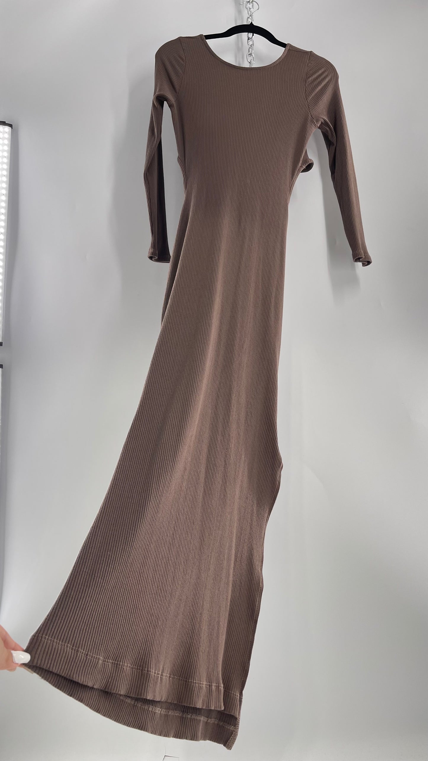 Free People Brown Ribbed Maxi Dress with Low Open Back and Dramatic Tie Detail (Large)
