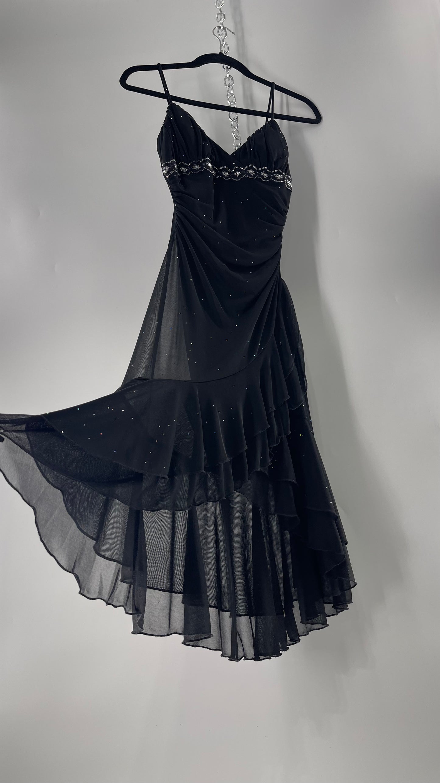 Vintage Taboo Midi Dress with Iridescent Sequins with Lace Underbust Detail, High Low Silhouette and Frills (Medium)