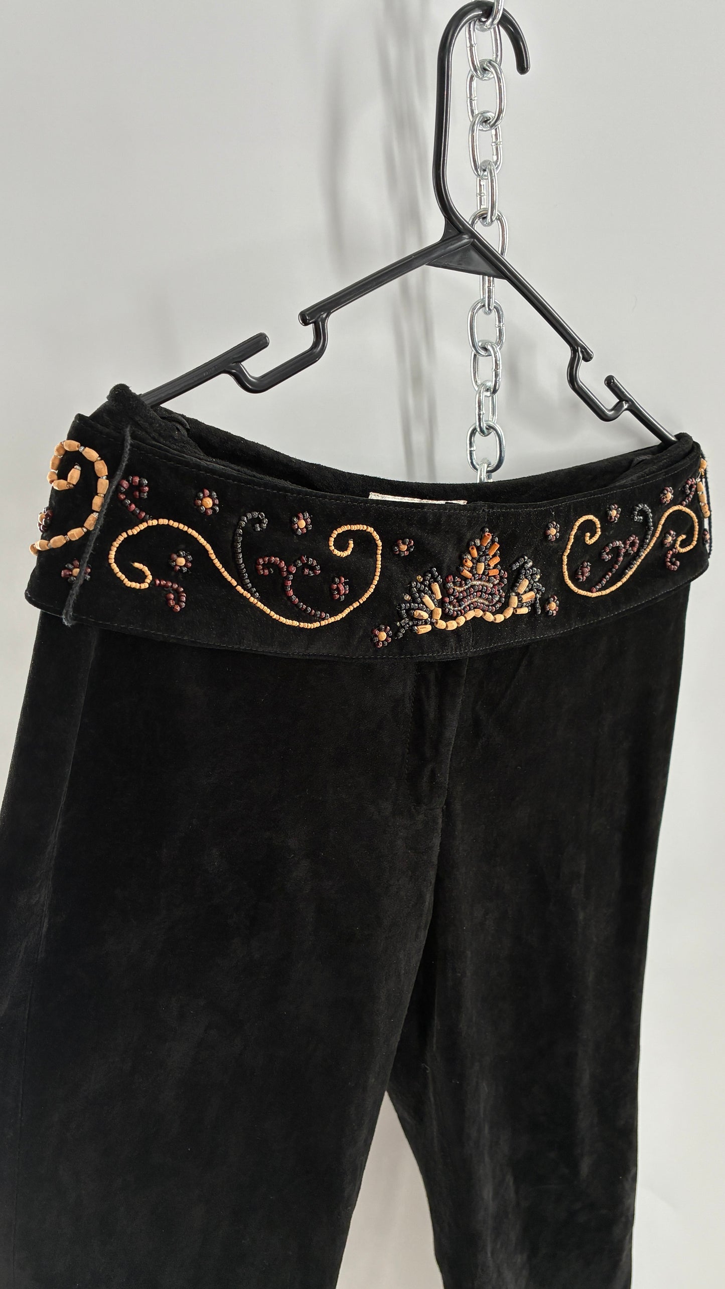 Vintage Margaret Godfrey Black Genuine Suede Leather Kick Flares with Wide Beaded Belt (10)