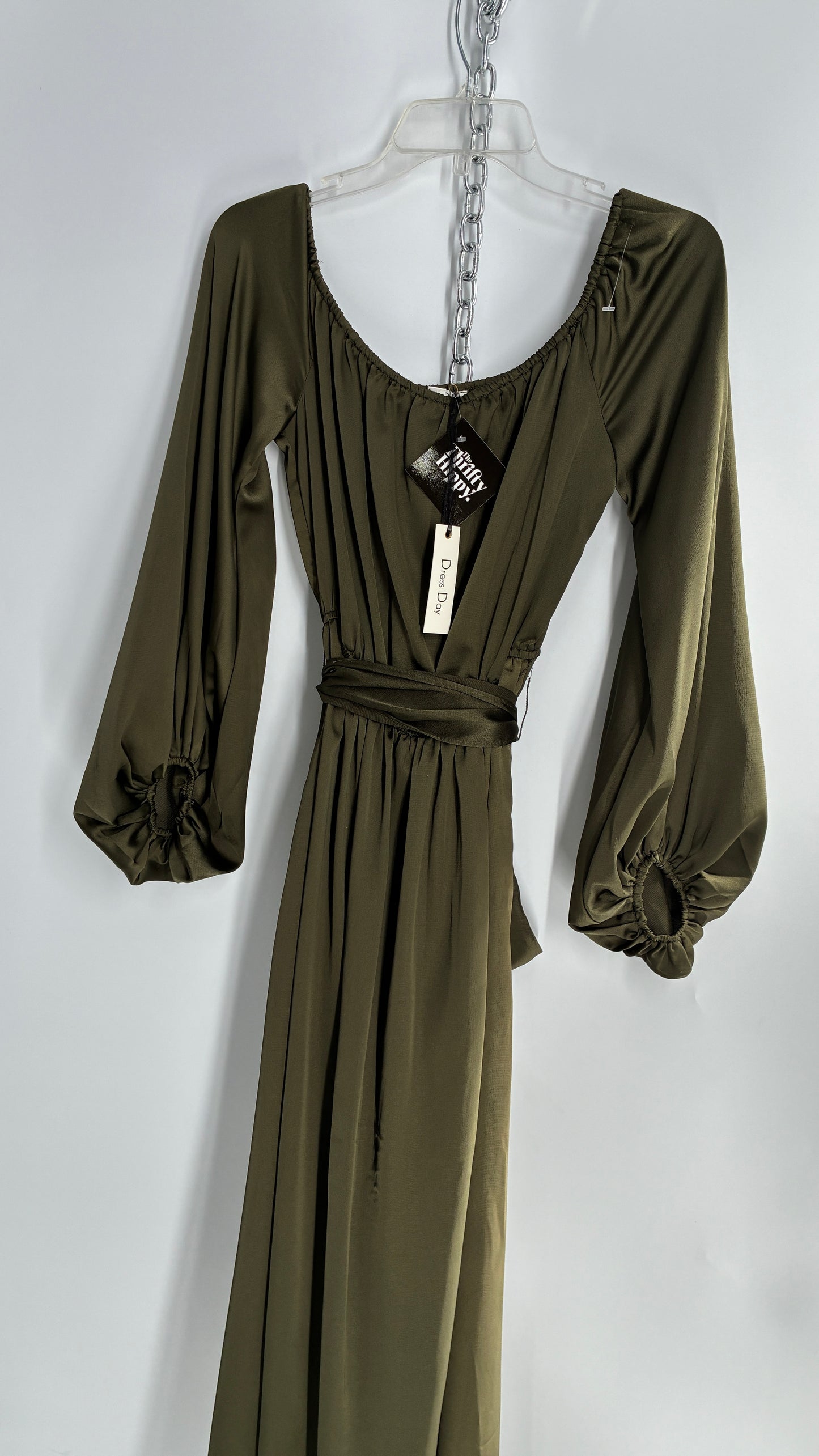 Dress Day Army Green Silky Balloon Sleeve Full Length Gown with Slit and Tags Attached (Medium)