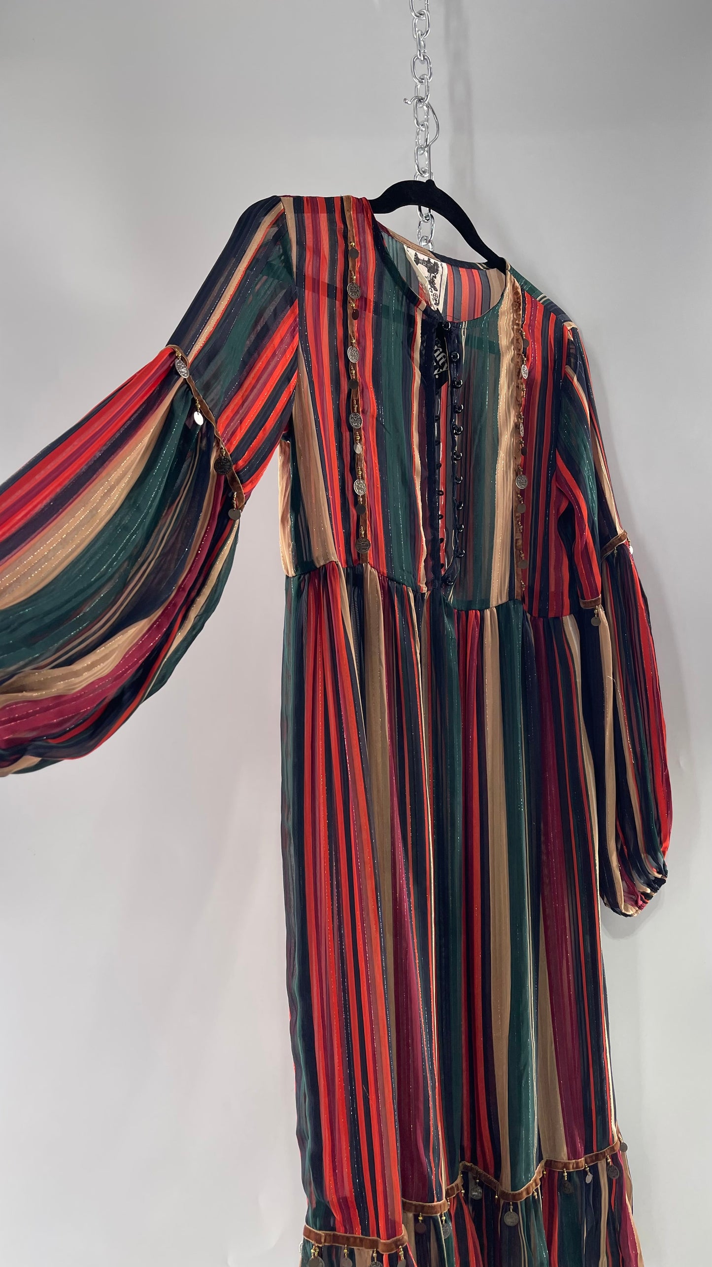 JAASE Striped MIDI Dress with Ruffled Hem, Coin Detailing, Dramatic Button Front Dress (XS)