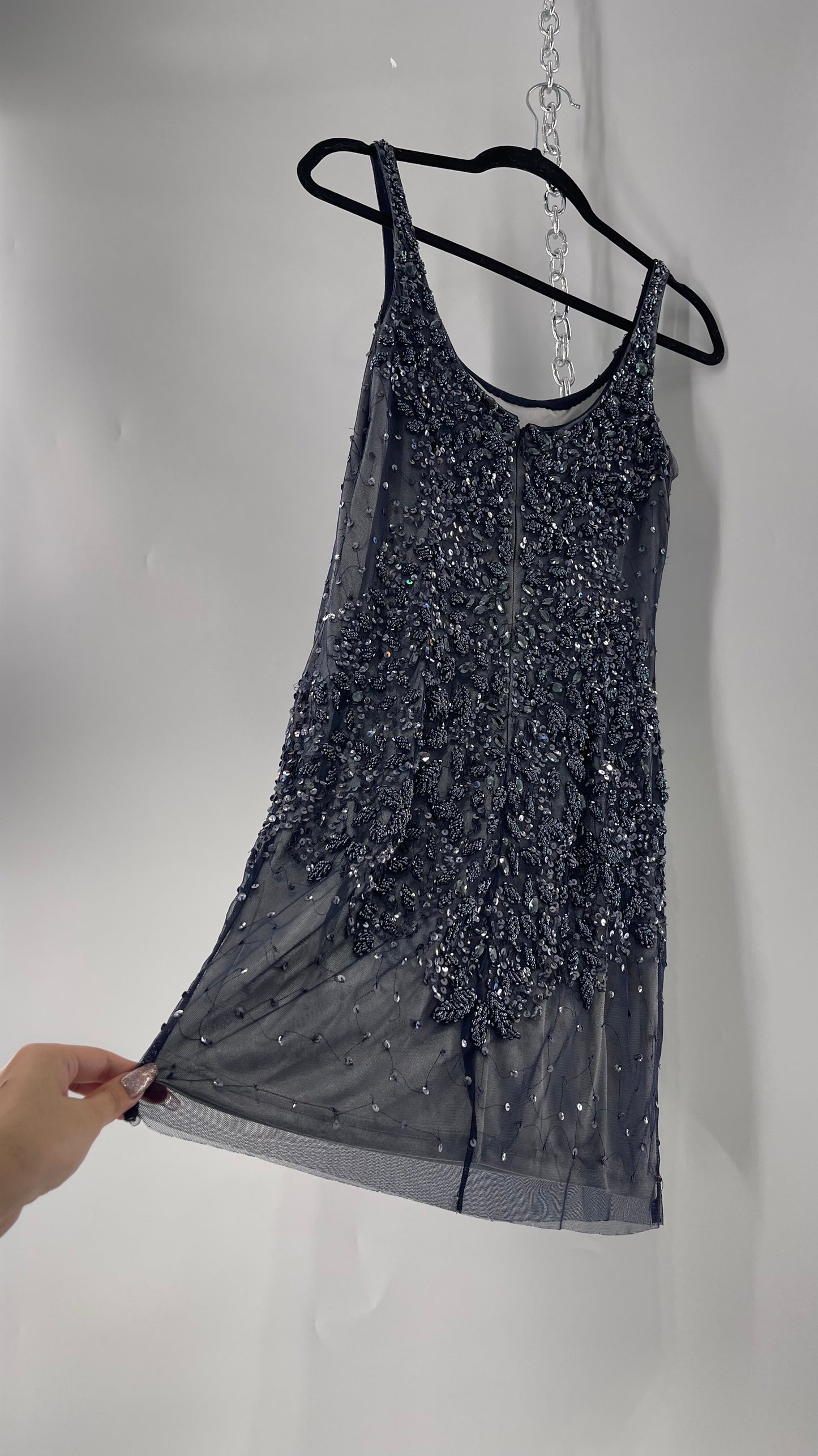 Vintage Cache Moonlight Grey/Navy Blue Tunic Mini Dress with Accentuating Placement of Beads, Sequins and Embroidery Details (2)