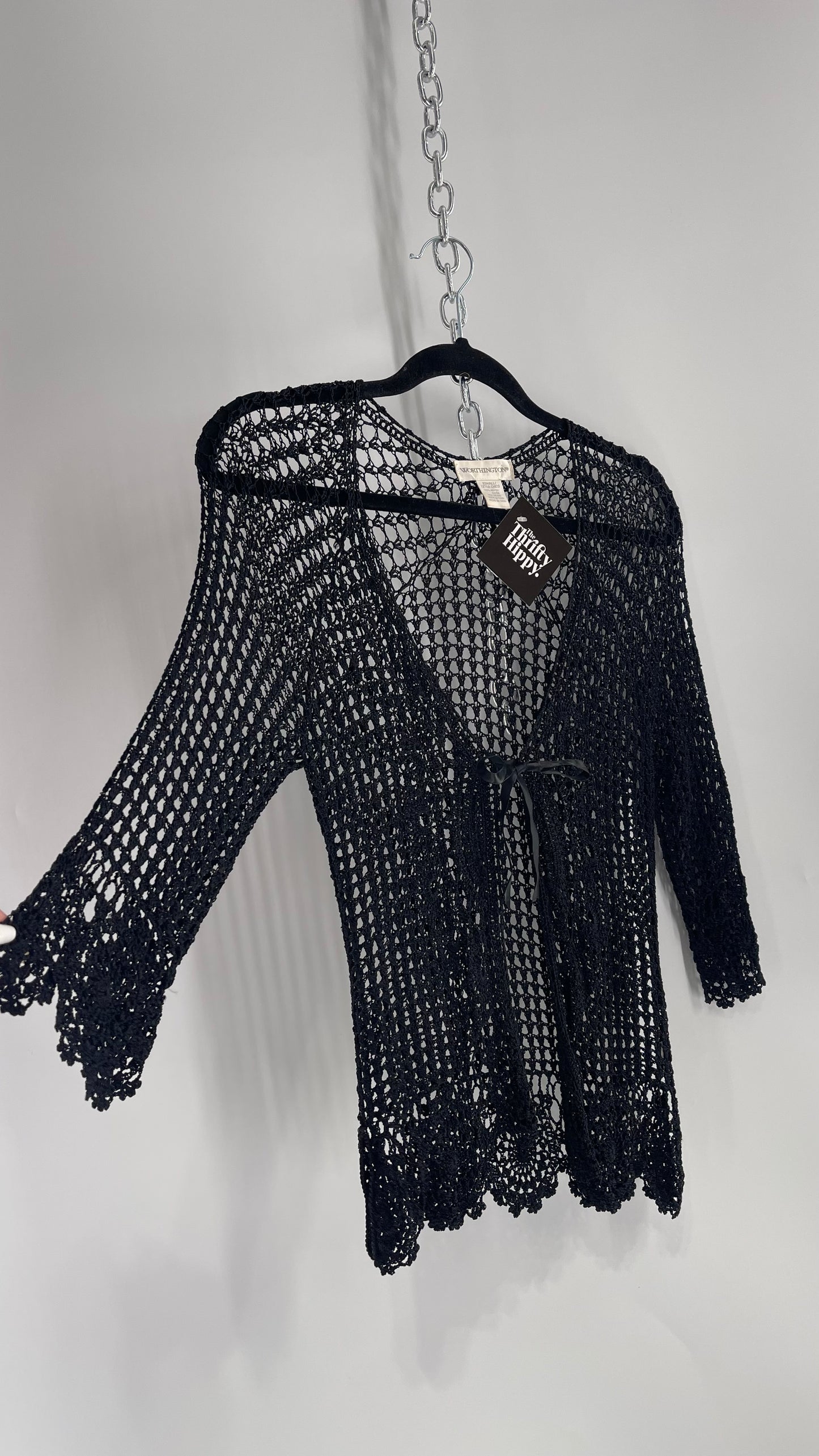 Vintage Black Crochet Slinky Top with Ribbon Bust Tie (XS)