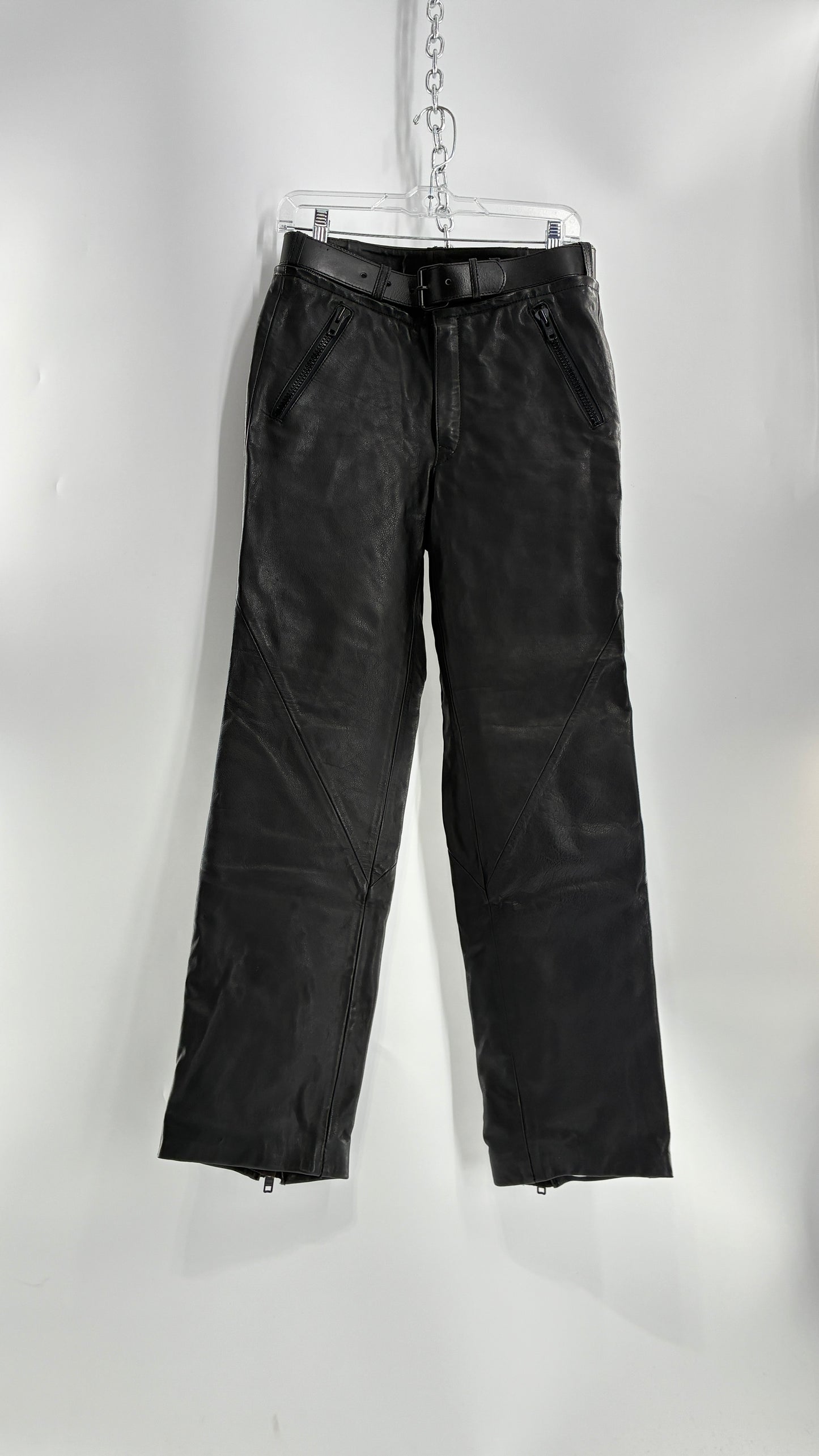 Vintage Black Italian Leather Motorcycyle Pants with Built In Belt and Zipper Detailing (XS)