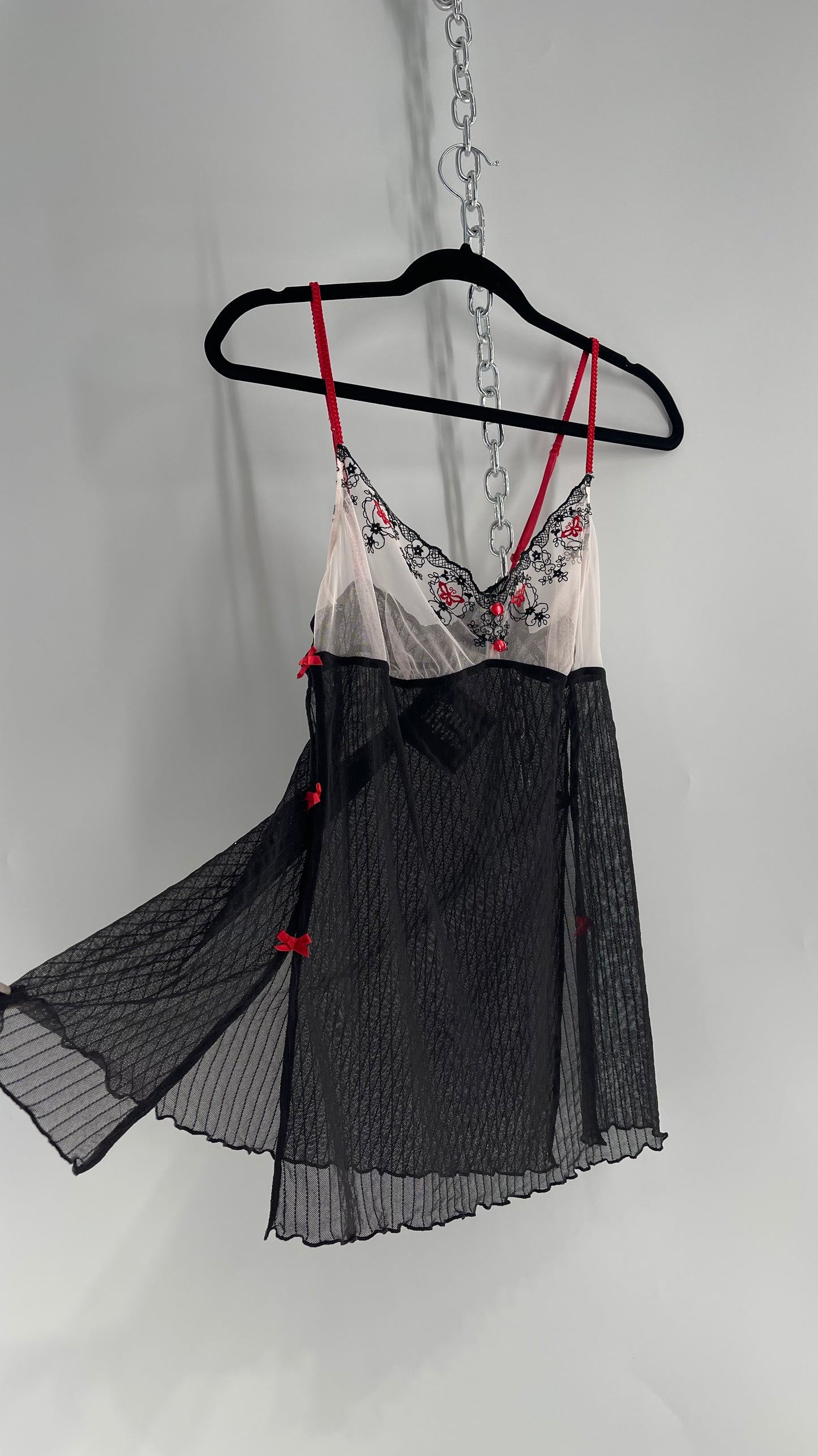 Vintage Victorias Secret Black, White, Red Sheer Babydoll with Bows, Embroidery and Butterflies (Large)