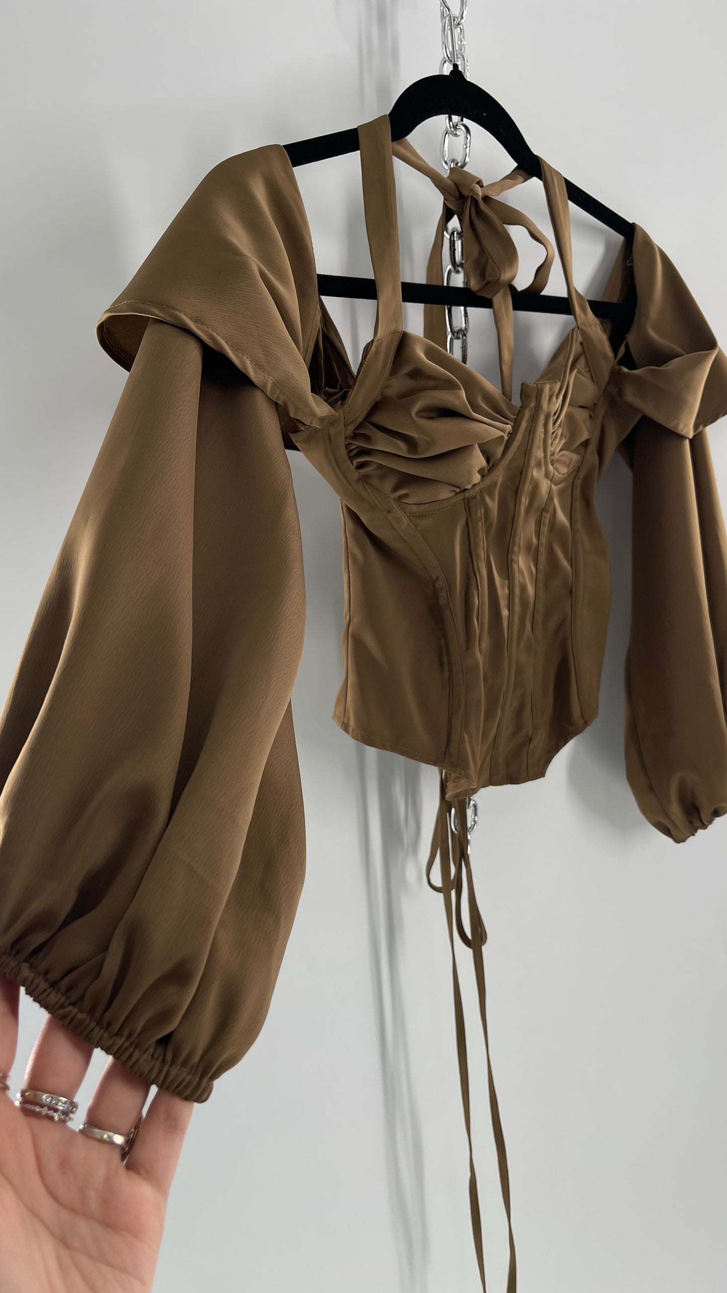 Pretty Little Thing Tan/Gold Corset Blouse with Draped Shoulders, Balloon Sleeves, Halter Strap and Lace Up Back (4)