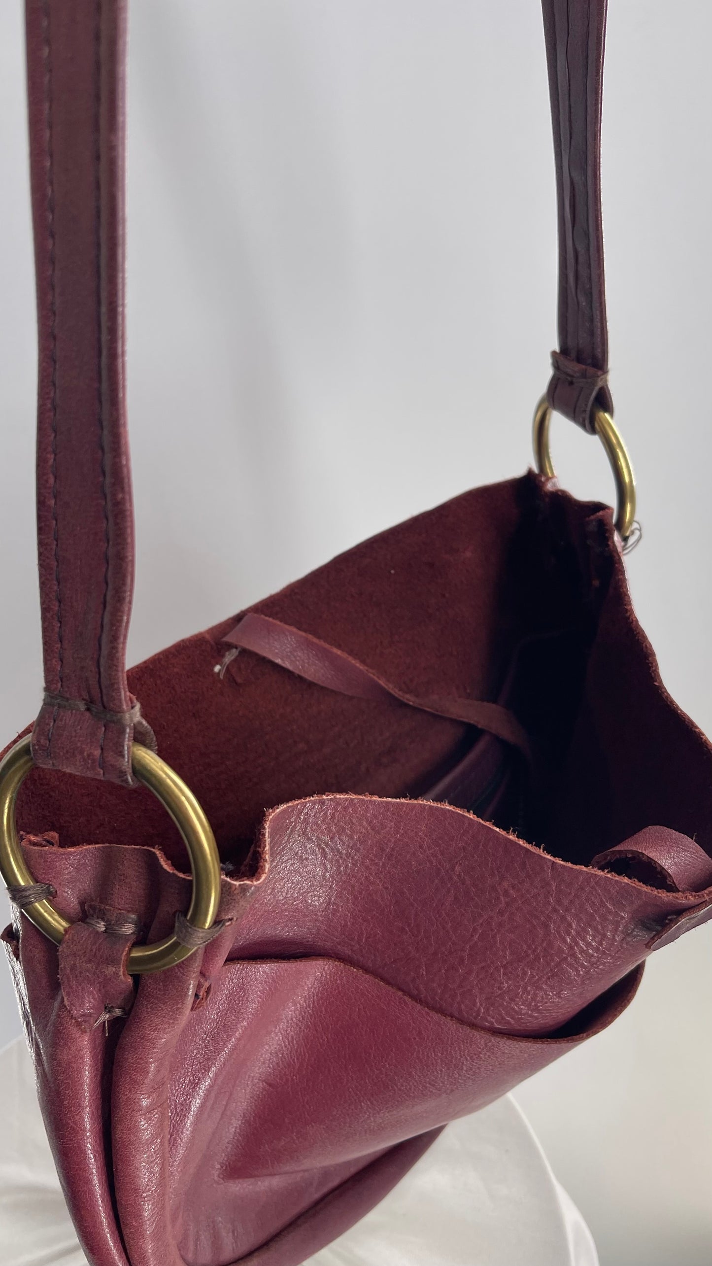 Vintage Burgundy Leather Saddle Bag with Gold Hardware