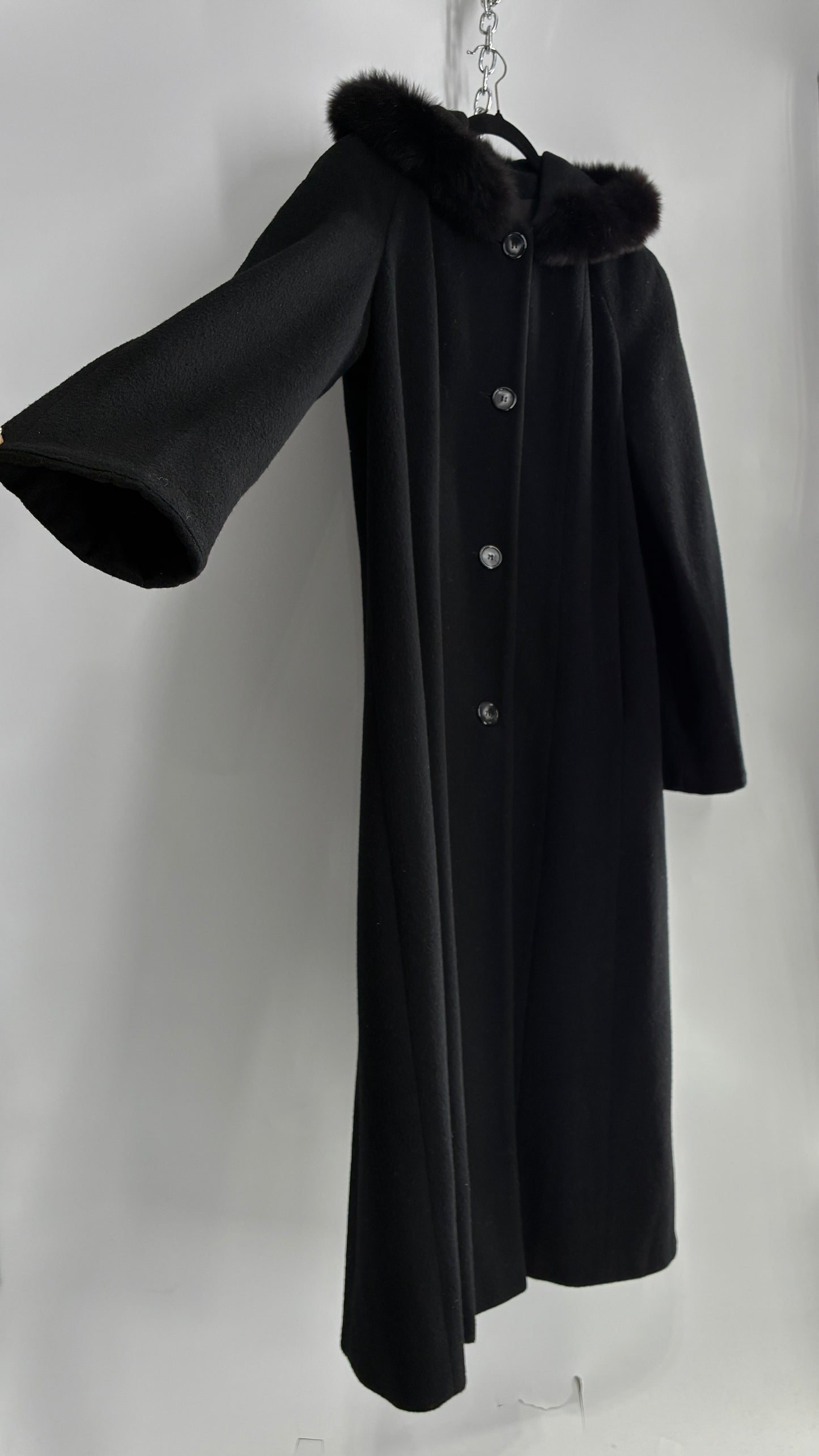 Vintage ANDREA COLLECTION Black Wool Blend Full Length Coat with Fur Trim Hood (12)