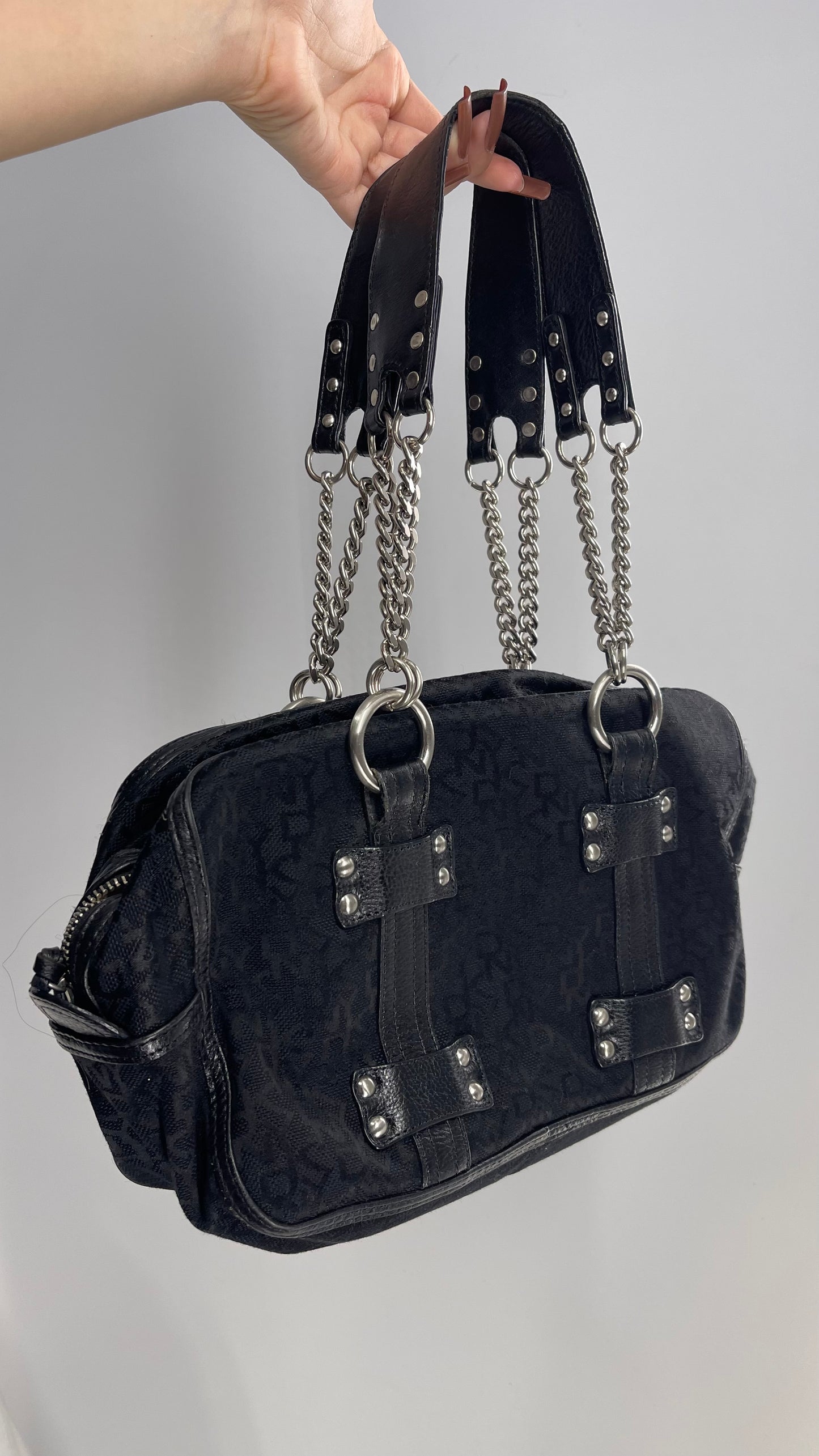 Vintage DKNY 1990s Black All Over Logo Bag with Leather and Chain Details