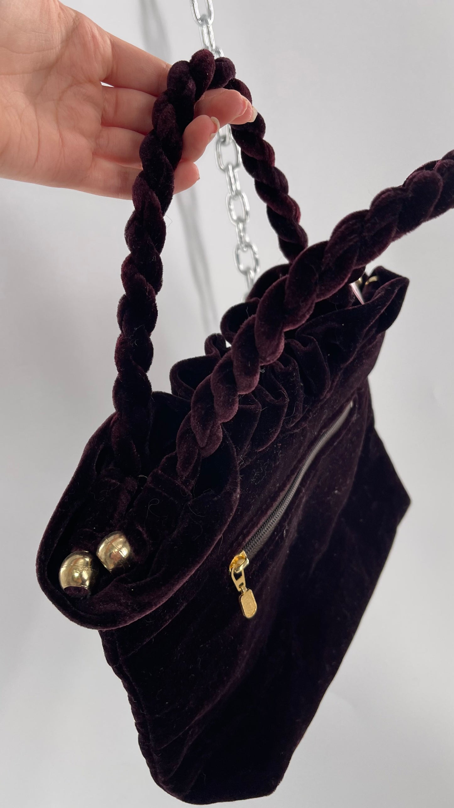Vintage Purple Violet Velvet Quilted Purse with Rope Handles and Gold Metal Closure