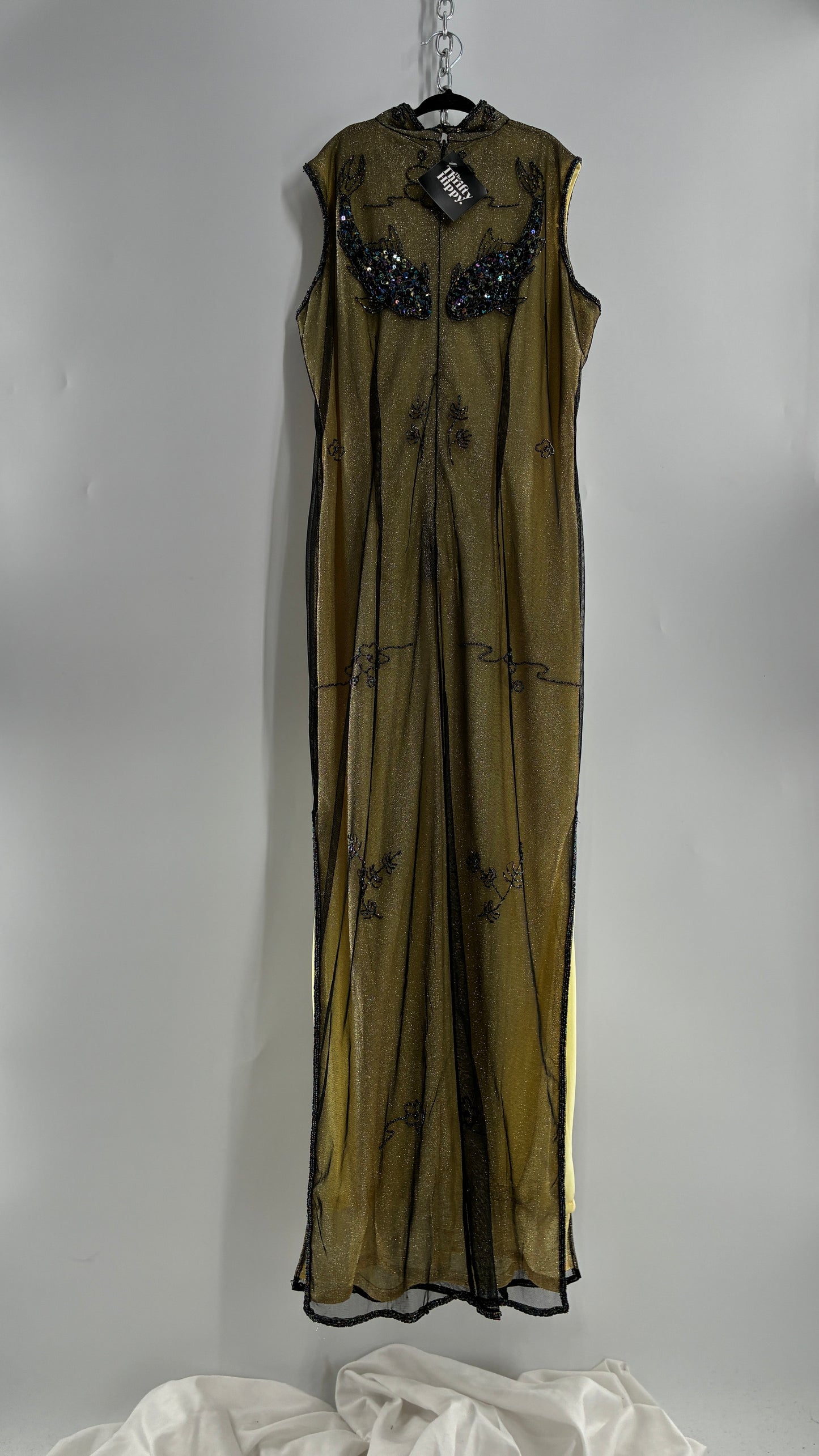 Vintage 1990s One of a Kind Handmade, Green Gown with Beaded Koi Fish, Metallic Tulle Overlay, and Symmetric Back (Medium)
