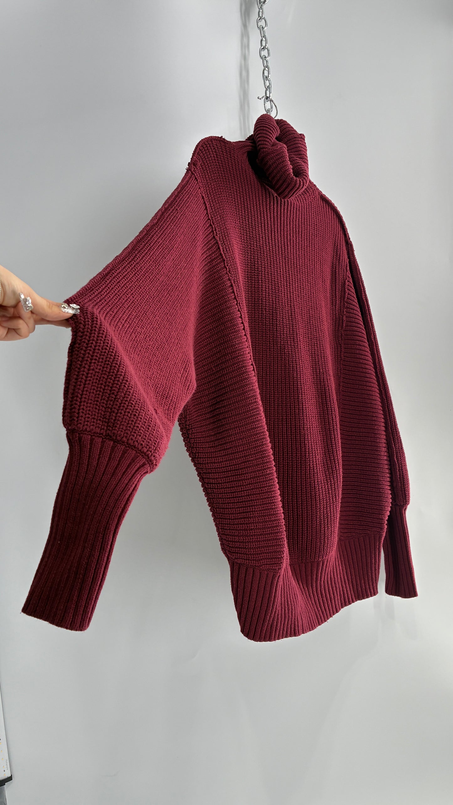 Free People Oversized Heavy Thick Knit Maroon Turtle Neck Sweater (Large)