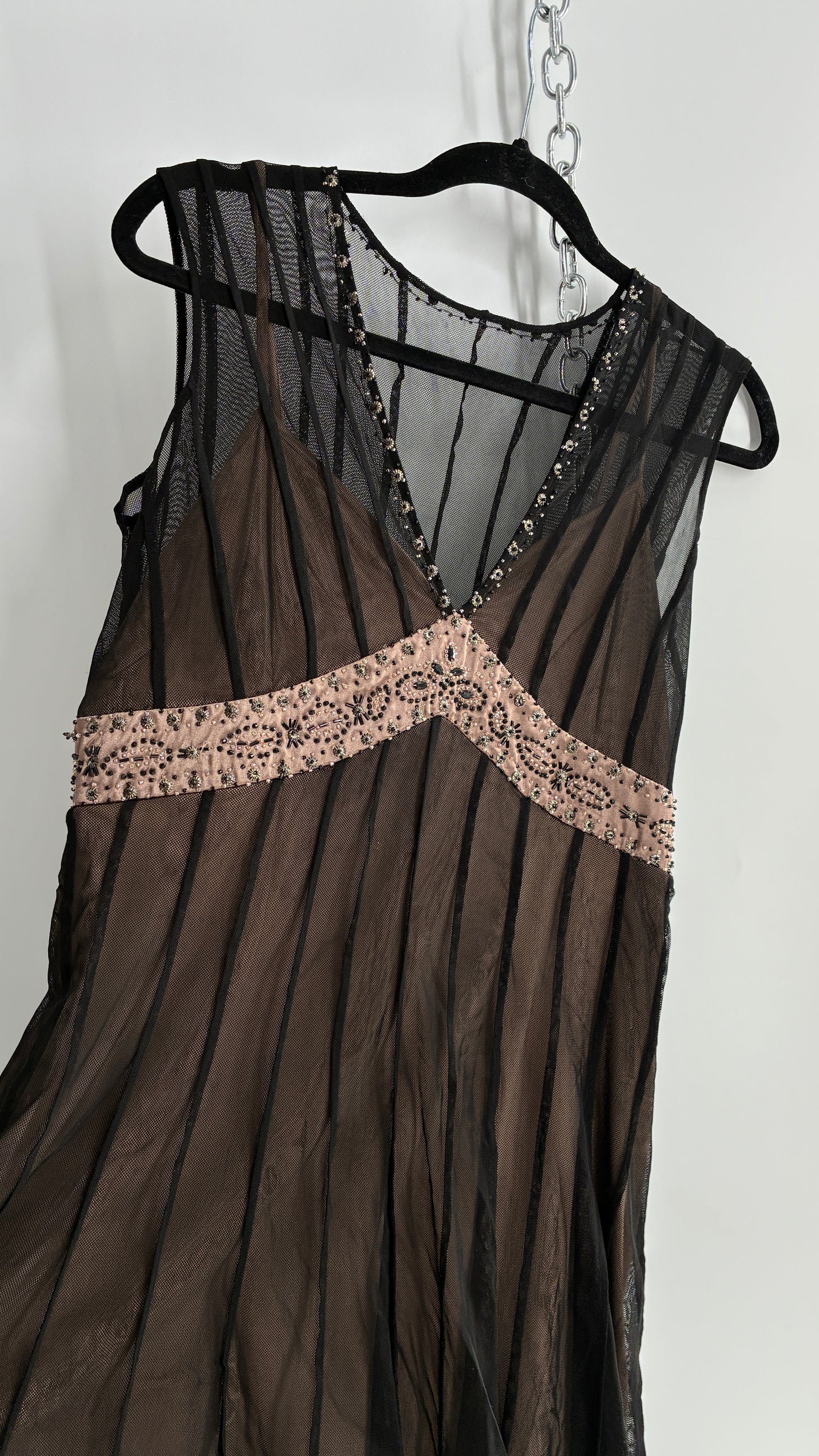 ECI NEW YORK Nude Camisole Dress with Black Mesh Overlay and Beaded Details (8)