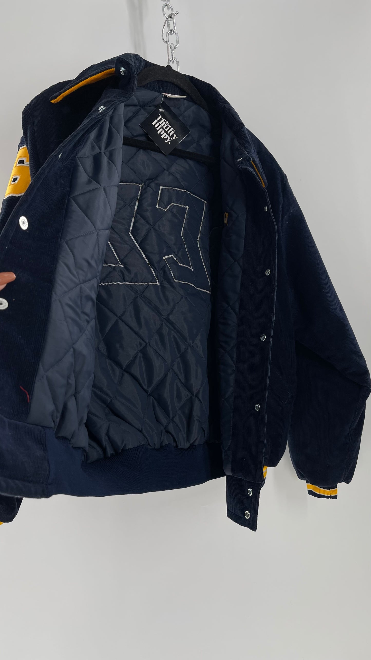 Birdie Vintage Phi Sigma Sigma Navy Blue Corduroy Varsity/Sorority Jacket with Contrast Yellow Patches and Embroidered “Paula” Monogram (Large)