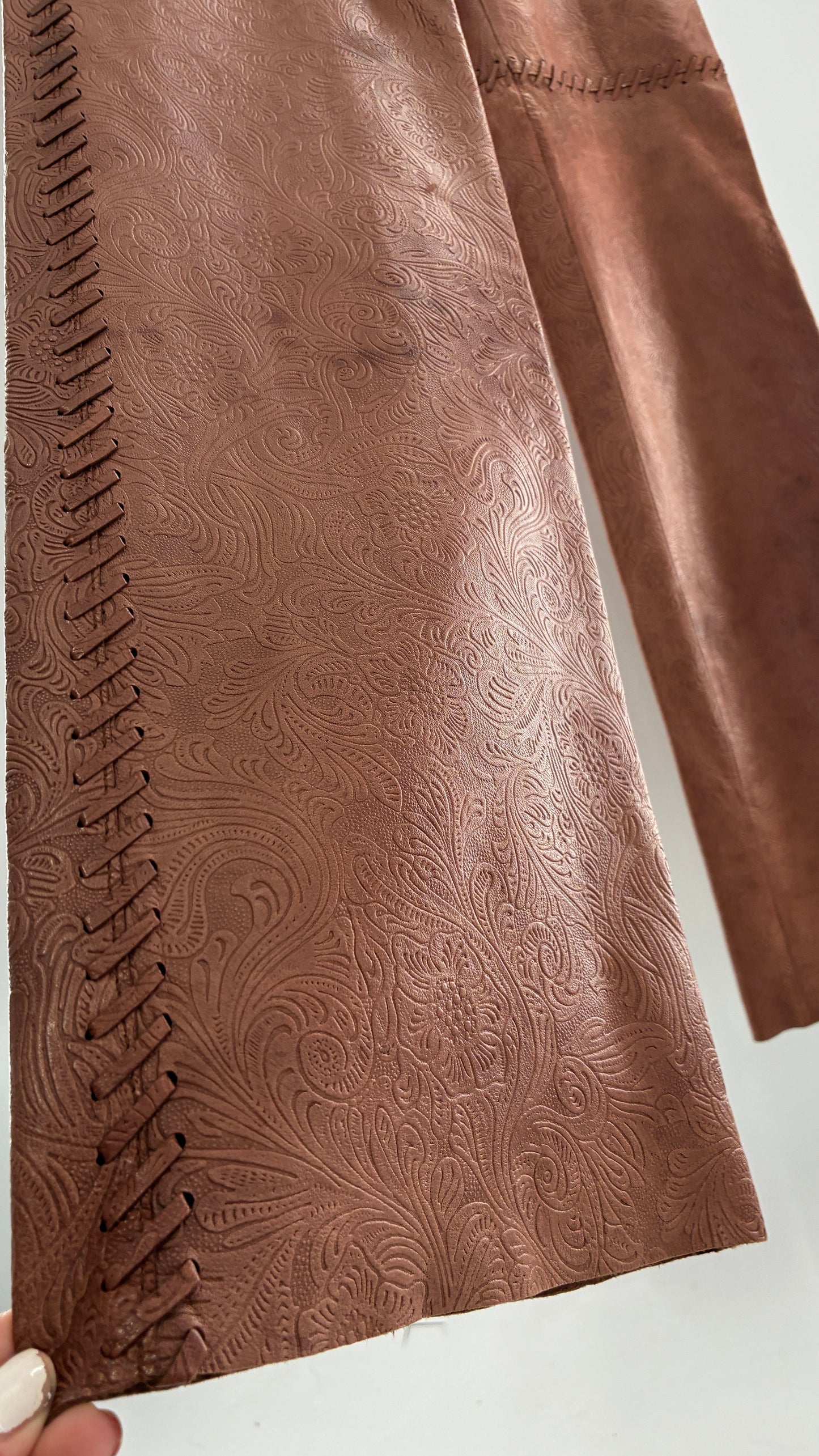 Vintage Embossed Paisley Patterned Genuine Leather Pants with Stitching Details (No Label Unbranded, S)