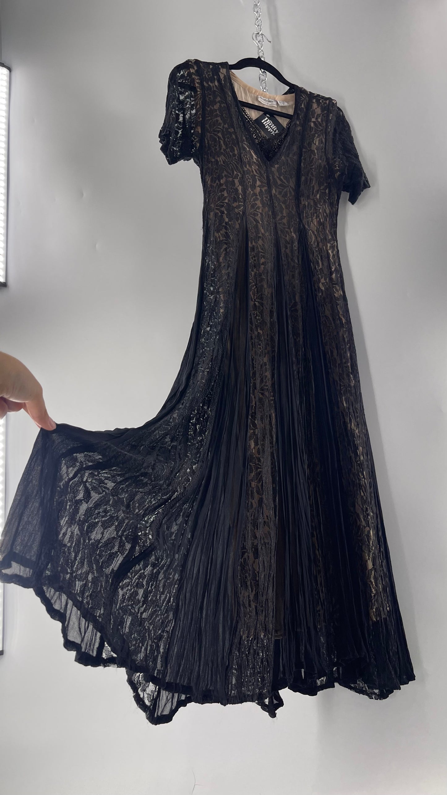 Nostalgia Vintage Black Lace Gown with Pleated Vents and Beige Underlay (Small)