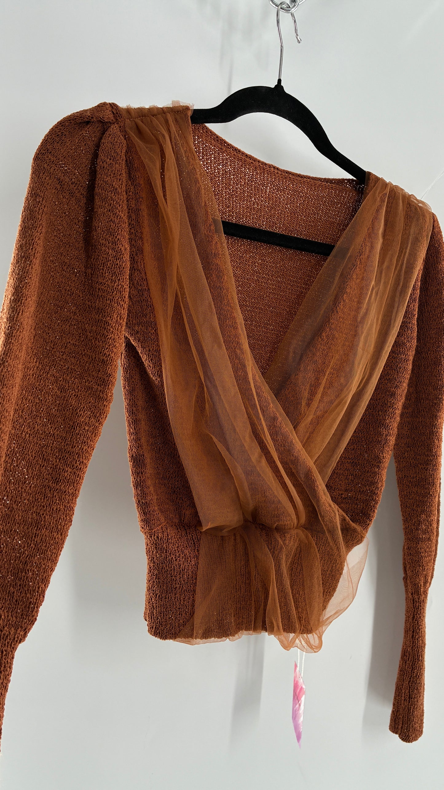 CHICWISH Brown Heavy Knit Balloon Sleeve, Tulle Ruched Details, and Tags Attached (Small)