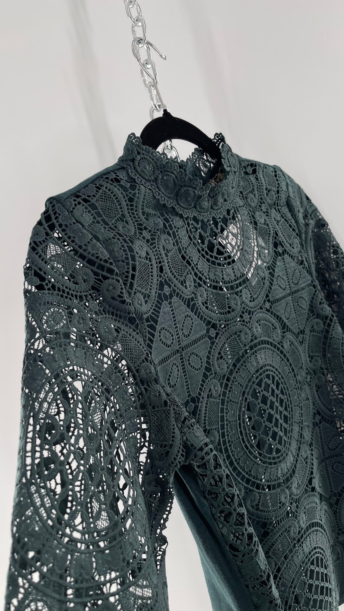 James Coviello New York Thick Lace Forest Green Blouse with Button Down Back (XS)