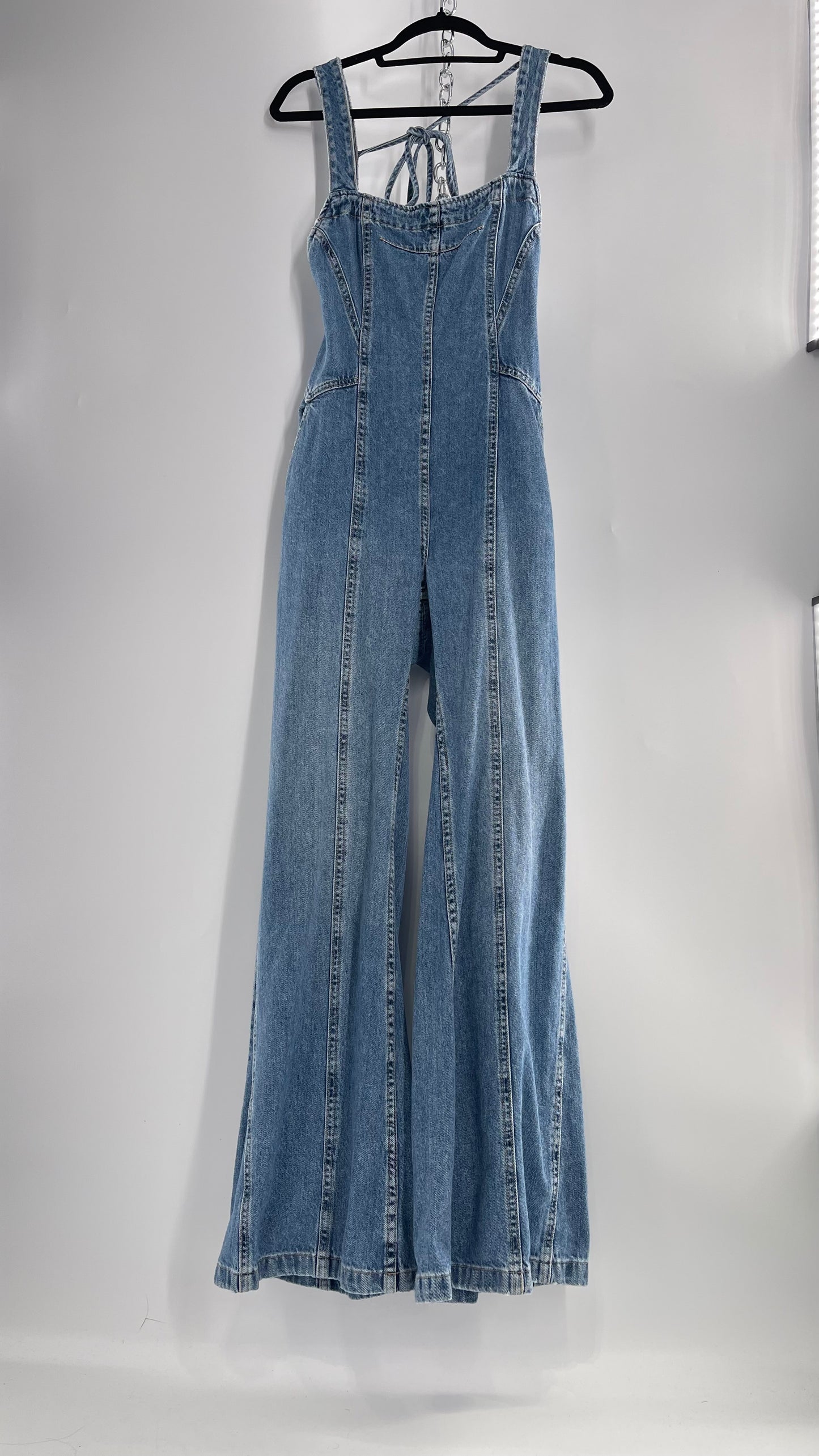 Free People Denim Backless Wide Leg Jumpsuit with Tags Attached (Small)