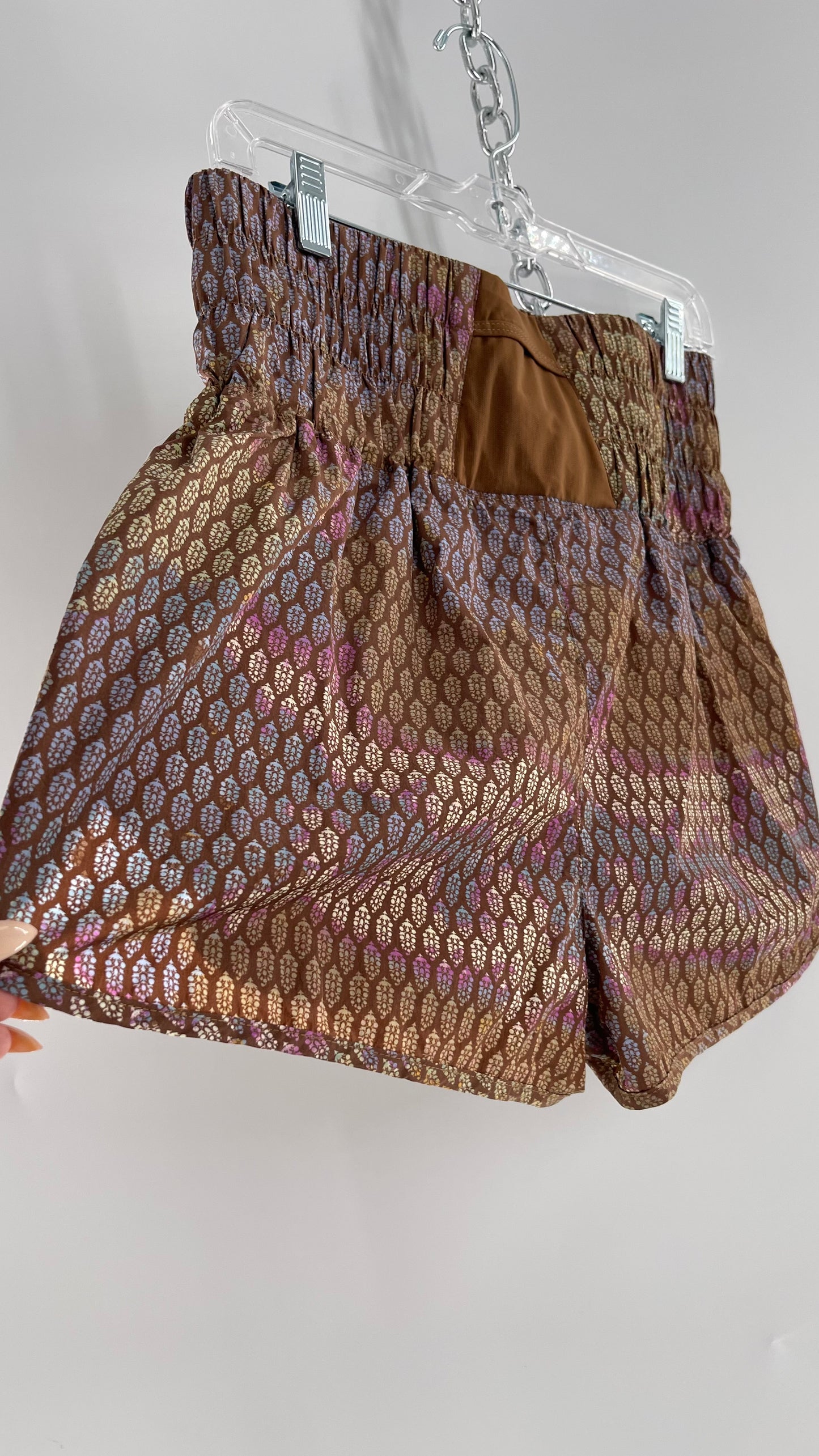 Free People Brown Patterned Parachute Shorts with Wide Waist Band (Large)