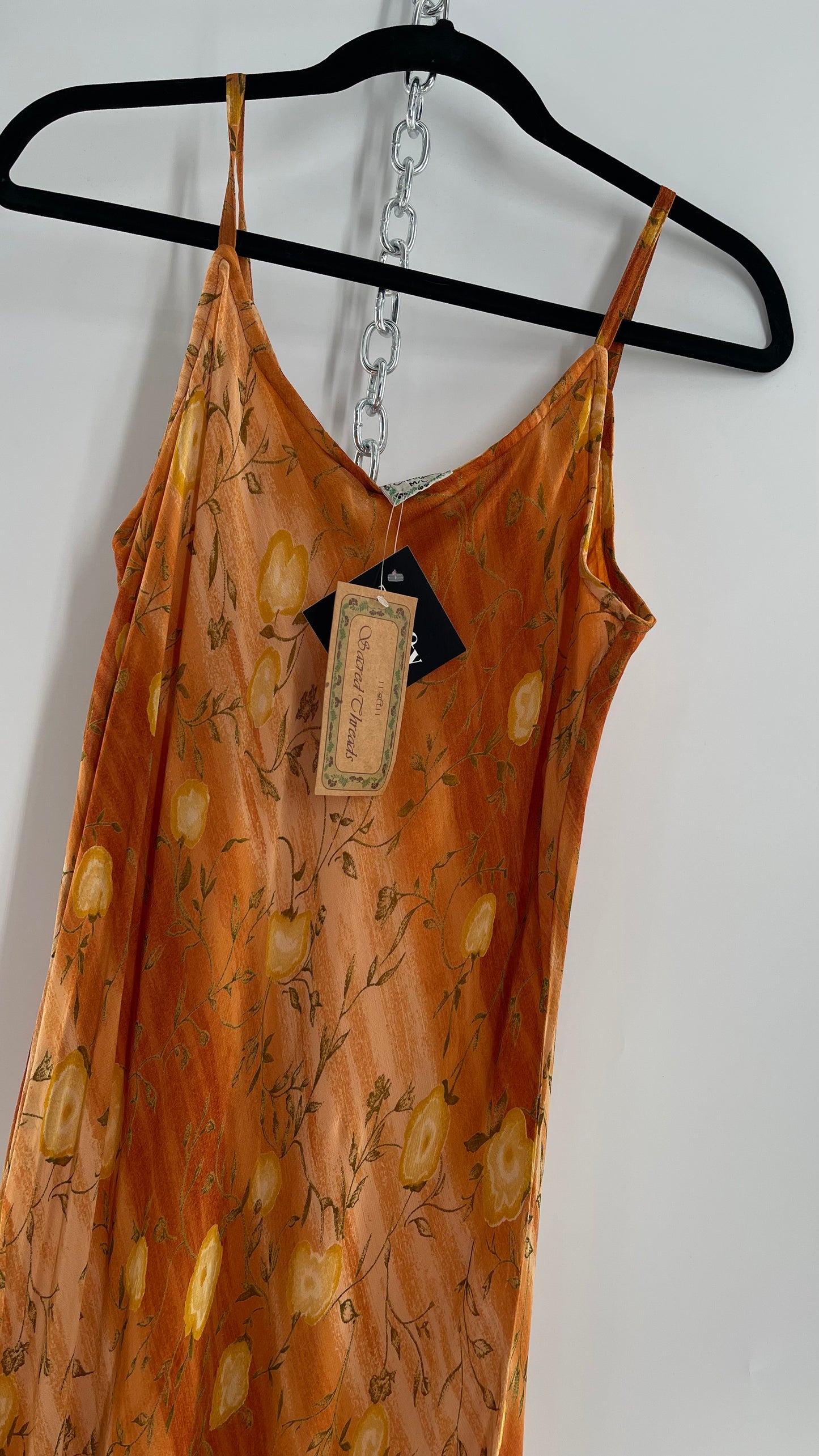Deadstock Vintage 1990s Sacred Threads Midi Sunset Ombré Dress with Yellow Flowers (M/L)